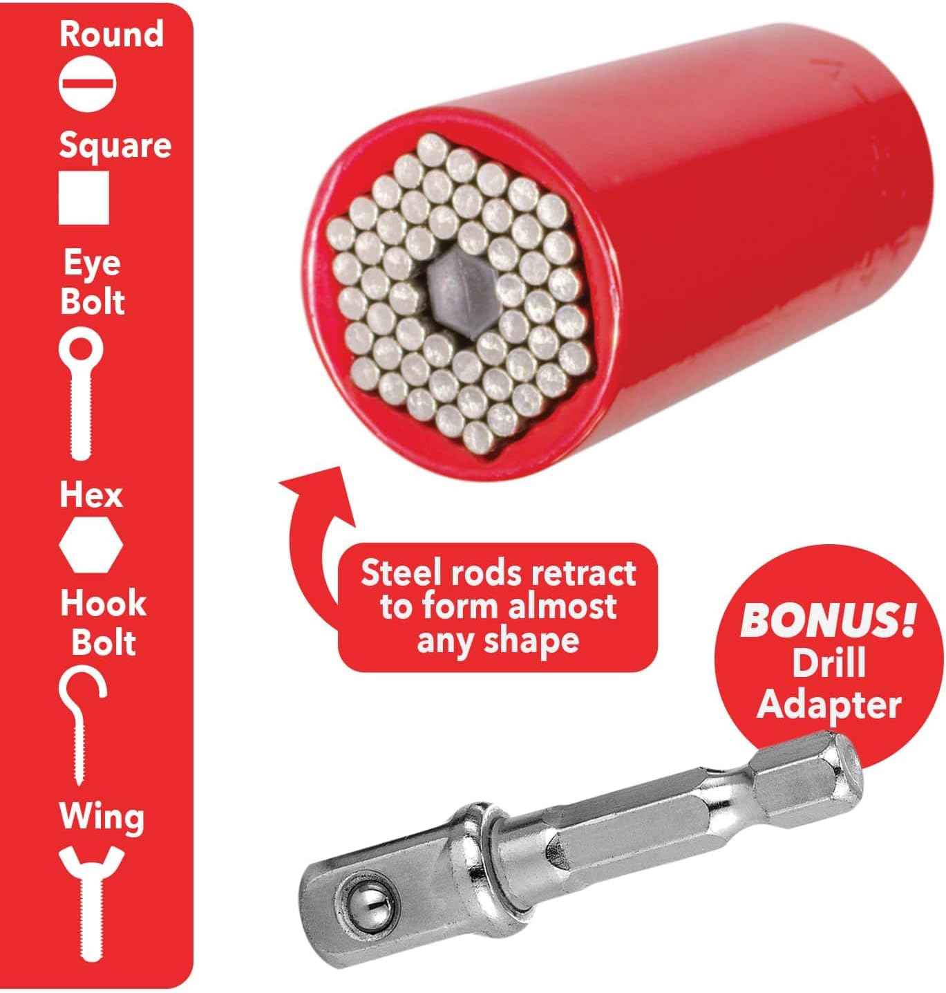 Red Dog Socket W/Bonus Drill Adapter AS-SEEN-ON-TV, Fits Most Nuts, Bolts, Use with Most Socket Wrenches & Power Drills, Steel Rods Retract to Form Almost Any Shape, Standard or Metric, 2 In.