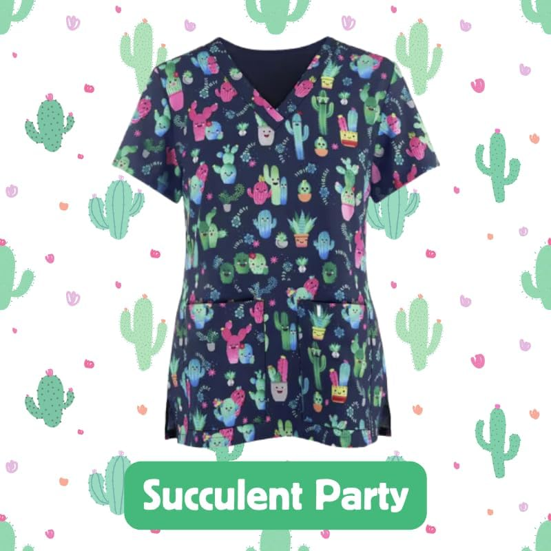 CDM plus Succulent Party Medical Scrub Top, Polyester and Spandex, Sizes S-XXL image number 1