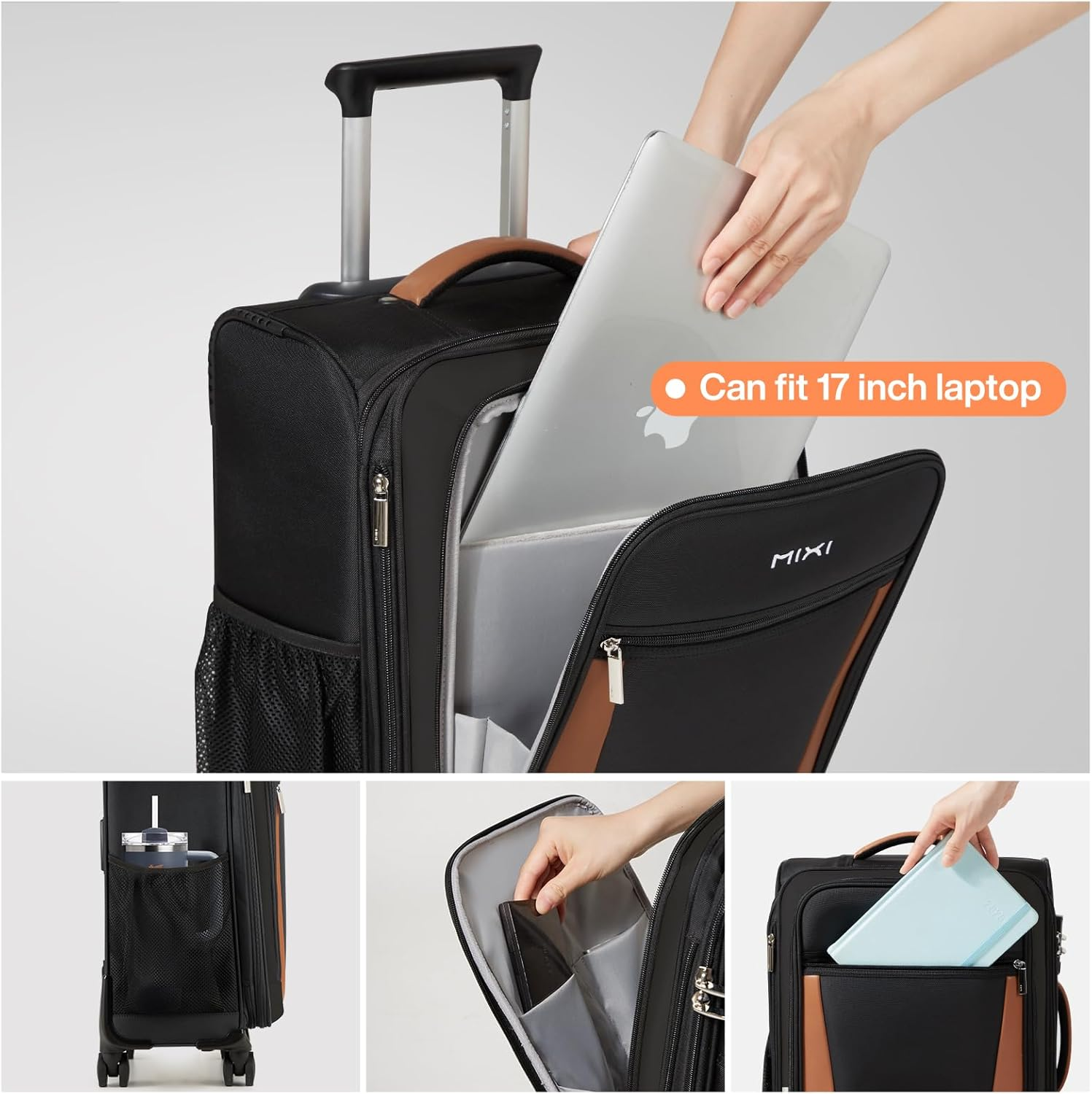 Mixi Luggage Softside Expandable Suitcase with Front Laptop Pocket, Black, 20-Inch Carry On