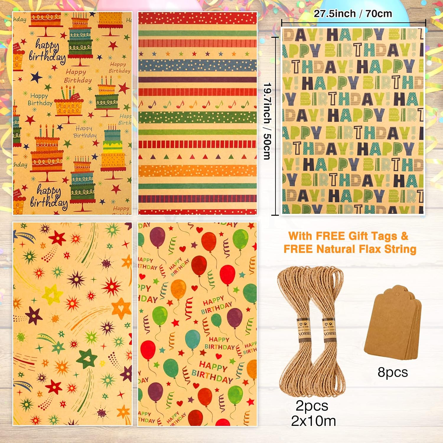 Wrapping Paper Sheets-Birthday Wrapping Paper for Women Men Girls Boys Female Male-Kraft Recycled Gift Wrapping Paper Set,Birthday Gift Wrap Paper and Tags and String for Present Wrapping Paper-Eco Wrapping Paper Birthday Paper Wrapping,Birthday Wrap Paper,5 Pack 50X70CM per Folded Sheet image number 5