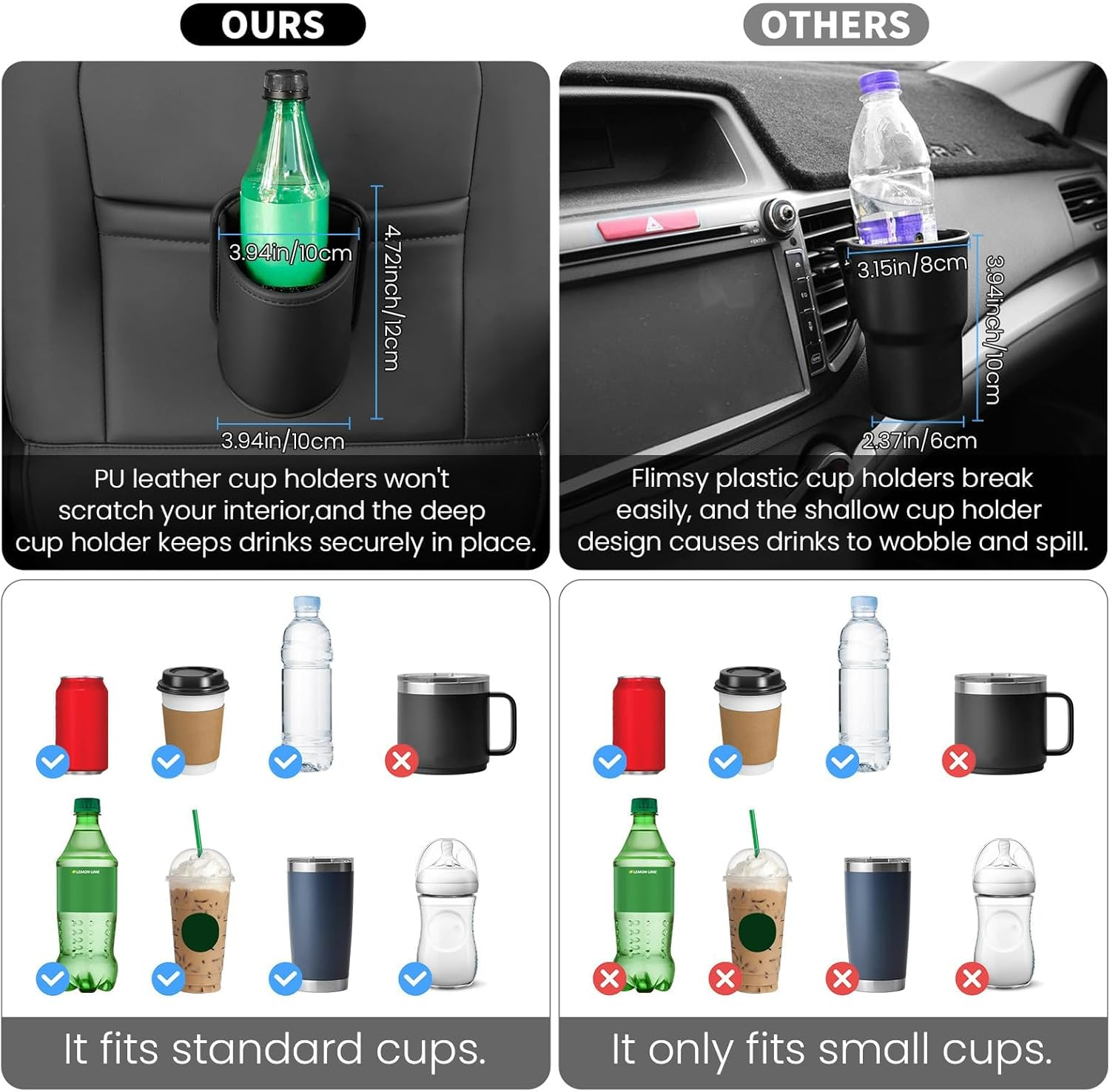 2 Pack Large Cup Holder for Car Door Pocket Seat Clip on Beverage Drink Holders Organizer Scratch-Resistant PU Leather Black