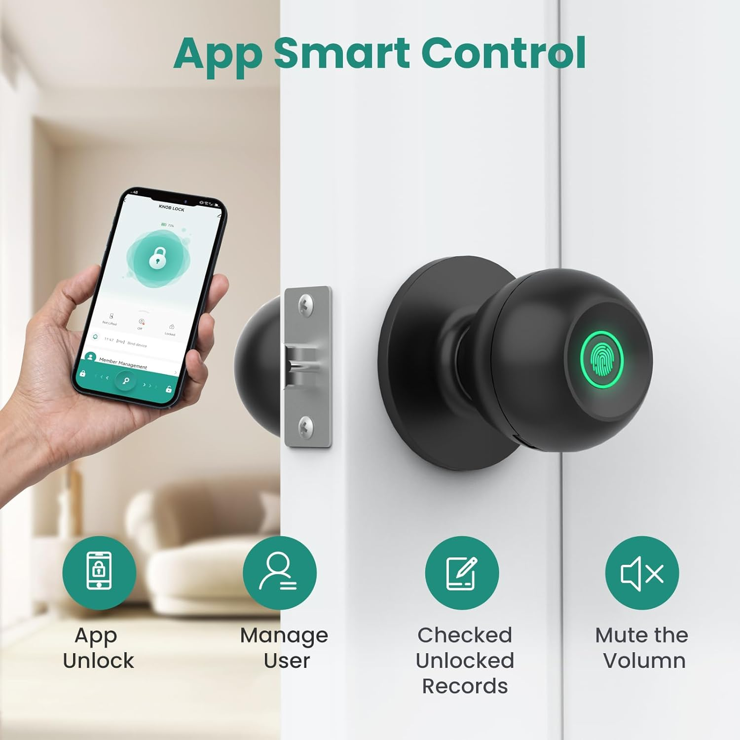 Ghome Smart Fingerprint Door Lock, Door Knob with App Smart Lock for Bedroom Door, Keyless Entry, Type-C Port Emergency Charging, Biometric Lock Great for Room, Garage, Office, Apartment (Matt Black) image number 6