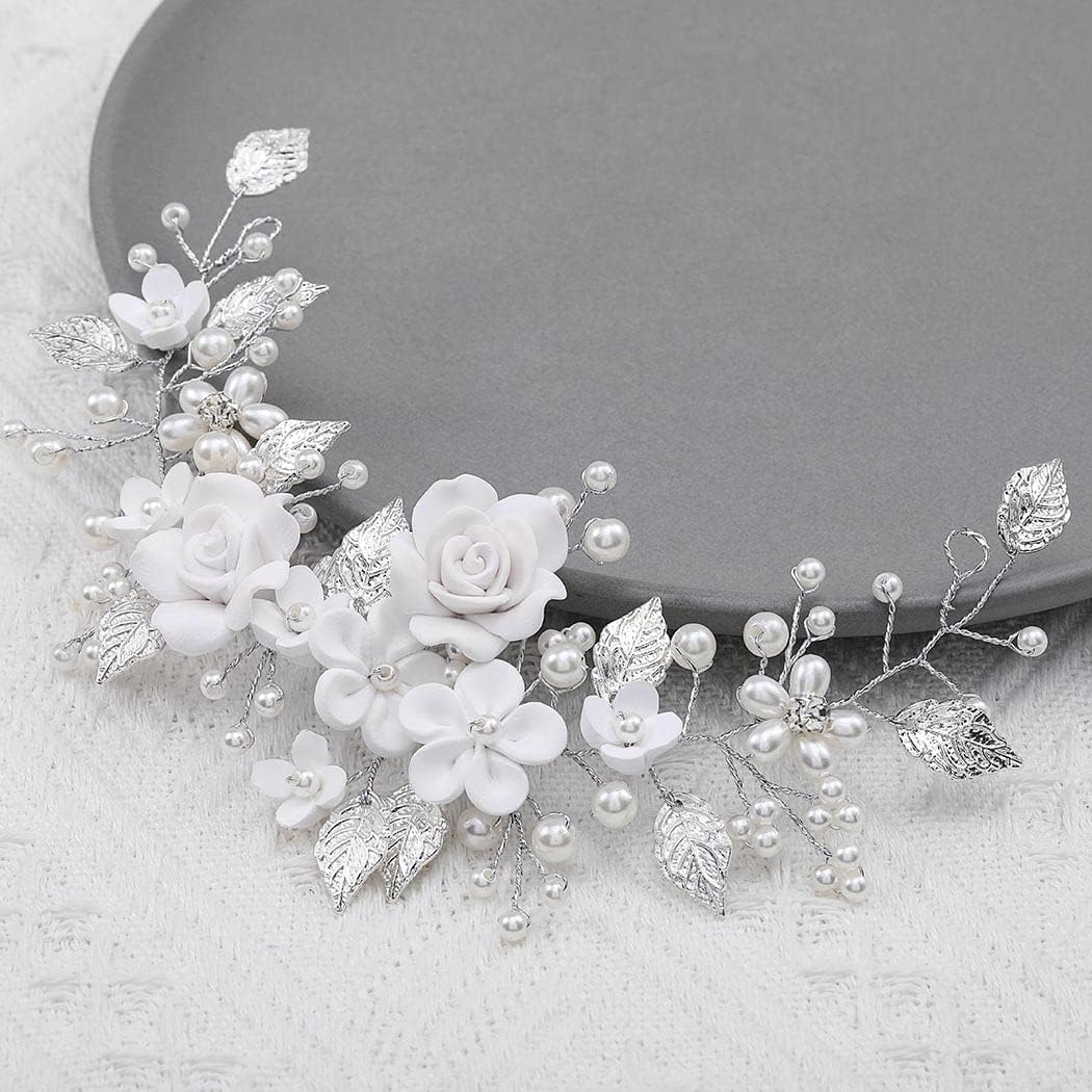 Norhogo Bridal Hair Vine, Flower Wedding Hair Vine, Silver Bridal Headpiece, Pearl Accessories for Women and Girls, Silver Flower Headband with Leaves and Crystal Beads image number 5
