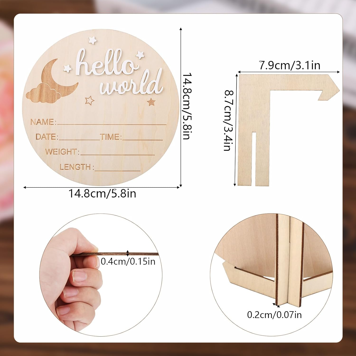 Wooden Hello World Newborn Sign, 5.8In Birth Announcement Board Baby Name Plaque Birth Stats Board for Boys and Girls Cute Nursery & Hospital Photo Prop image number 5