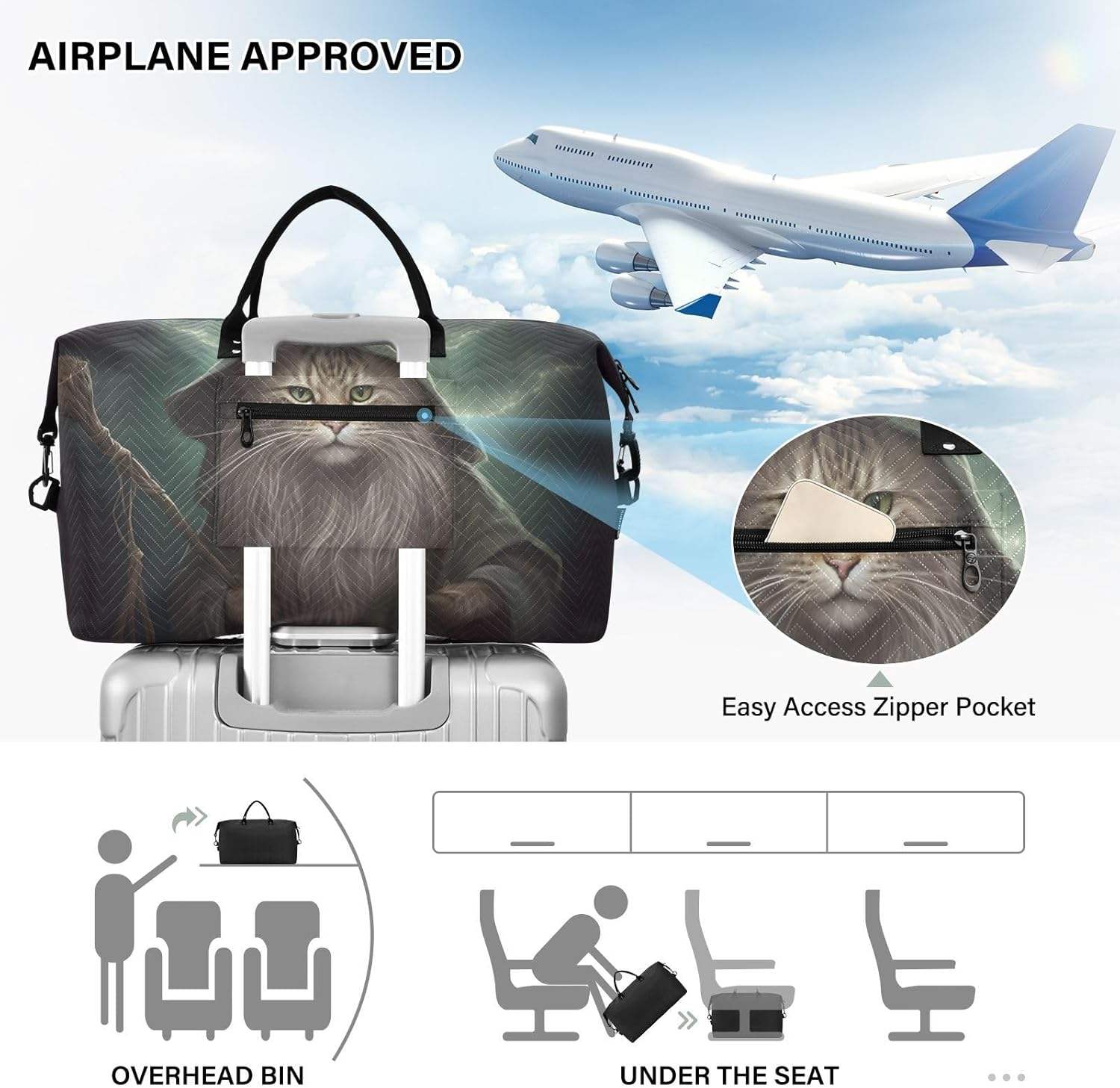 XYMZR Large Travel Duffel Bag, Cat Green Light Sport Tote Gym Bag, Shoulder Weekender Overnight Bag for Women Men, Carry on Luggage with Toiletry Bag, Multi-Colored image number 5