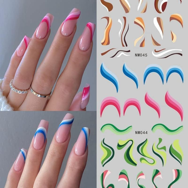 Acemedia 24 Patterns Nail Stickers, Colorful Stripes Lines Rainbow Geometric Nail Stickers，Self-Adhesive Design for Girl DIY Nail Tips