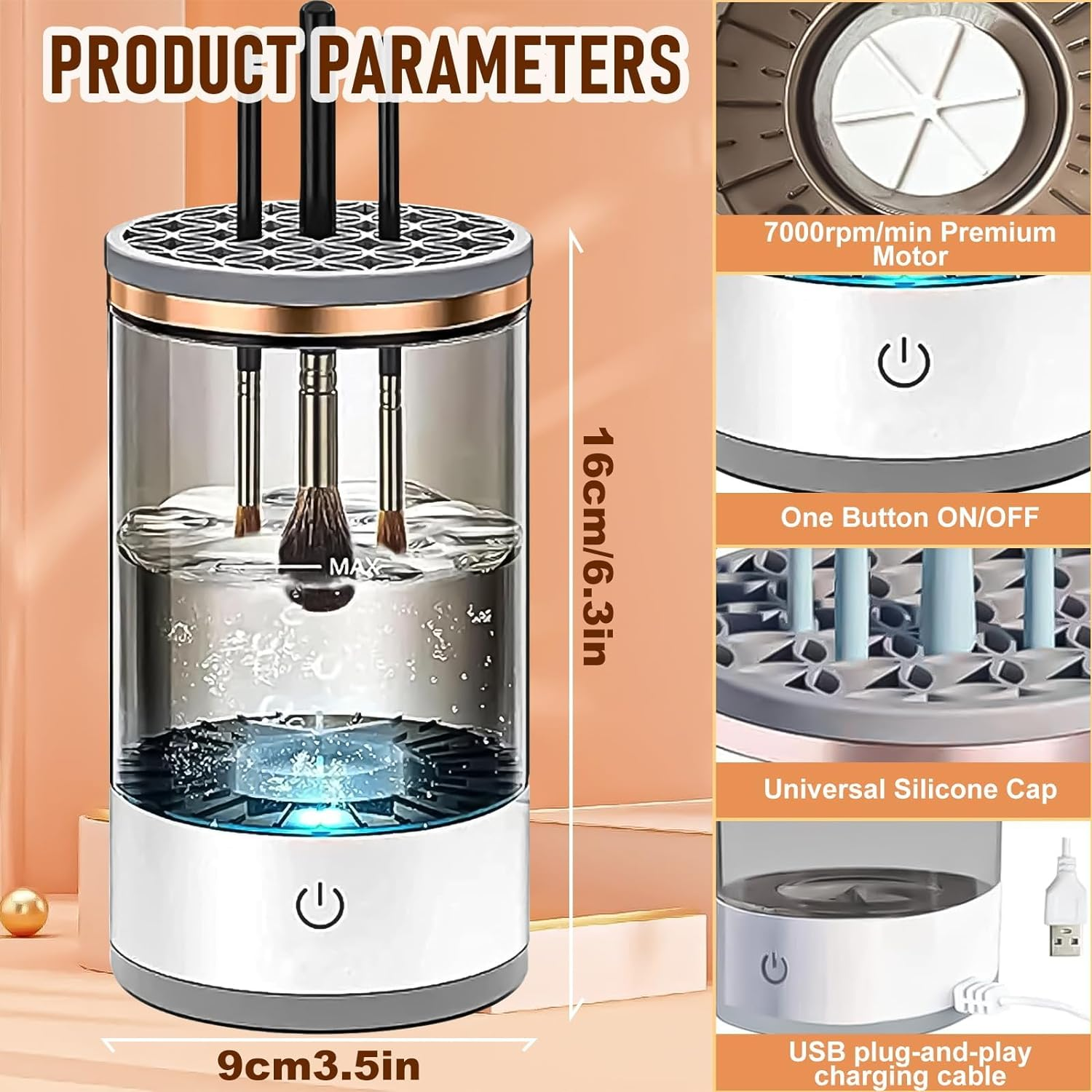 Electric Makeup Brush Cleaner, Cosmetic Brush Cleaner, Electric Makeup Brush Cleaner, Makeup Brush Cleaner, Automatic Spinning Makeup Brush Cleaner Fit for All Size Makeup Brush (1Pcs) (Transparent Brown) image number 1