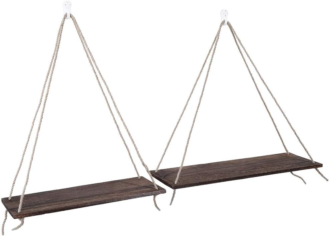 Sling Rope Hanging Plant Flower Pot Shelves Wooden Wall Mounted Storage Rack for Home Decor for Indoor Outdoor Use - Retro Color image number 4