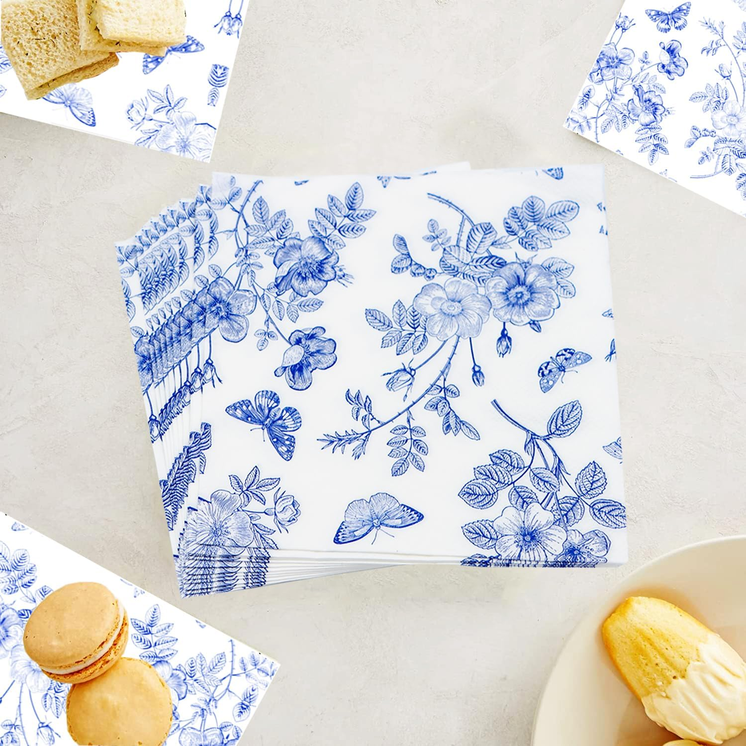 40 Pack Blue White Floral Luncheon Napkins - Fancy Dessert Paper Napkins for Tea Party, Baby Shower, Birthday Party Supplies Decor - Blue image number 6