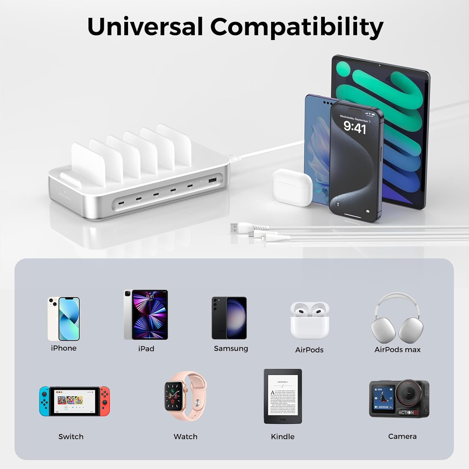 4Smarts 100W USB C Charging Station for Multiple Devices, 6 Port Multi Device Fast Charging Hub, Office & Home Workstations for Iphone Ipad Tablets Android Devices, Silver (6 Cables Included) - Grey image number 2