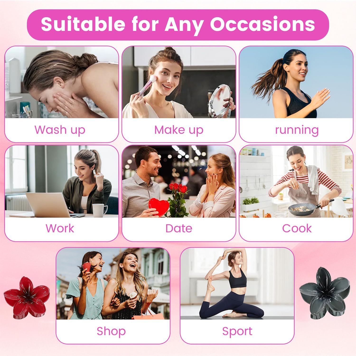 Flower Hair Claw Clamp for Women Large Hawaiian Flower Clip for Thin Thick Curly Hair (Black, White, Red) image number 2