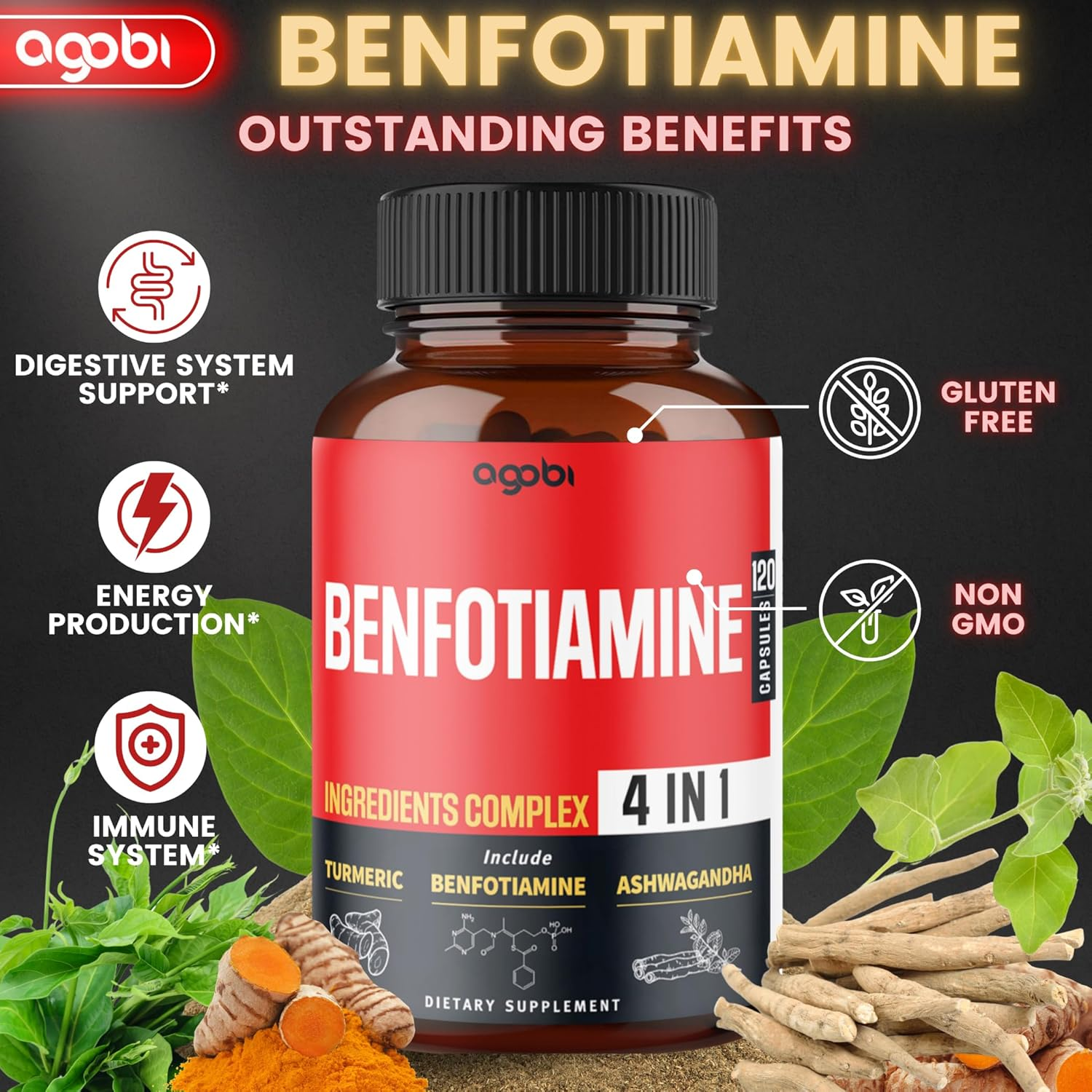 4In1 Benfotiamine Supplement - 2 Month Supply - plus Turmeric Curcumin Root, Ashwagandha Root & Gymnema Sylvestre - 120 Veggie Capsules image number 1