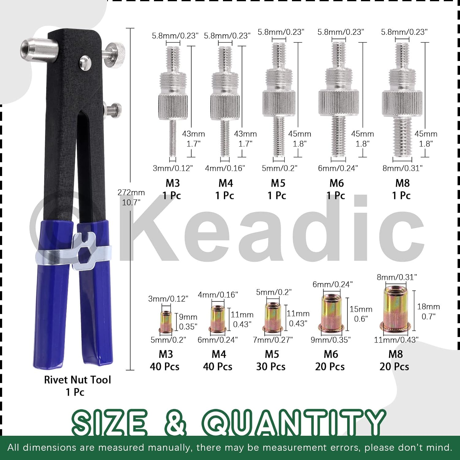 Keadic 156Pcs Heavy Duty Hand Rivet Tool Nut Setter Kit Contains Nutsert Tool with 5Pc Metric Interchangeable Mandrels and 100Pcs M3/M4/M5/M6/M8 Threaded Rivnuts for Automotive Furniture image number 6