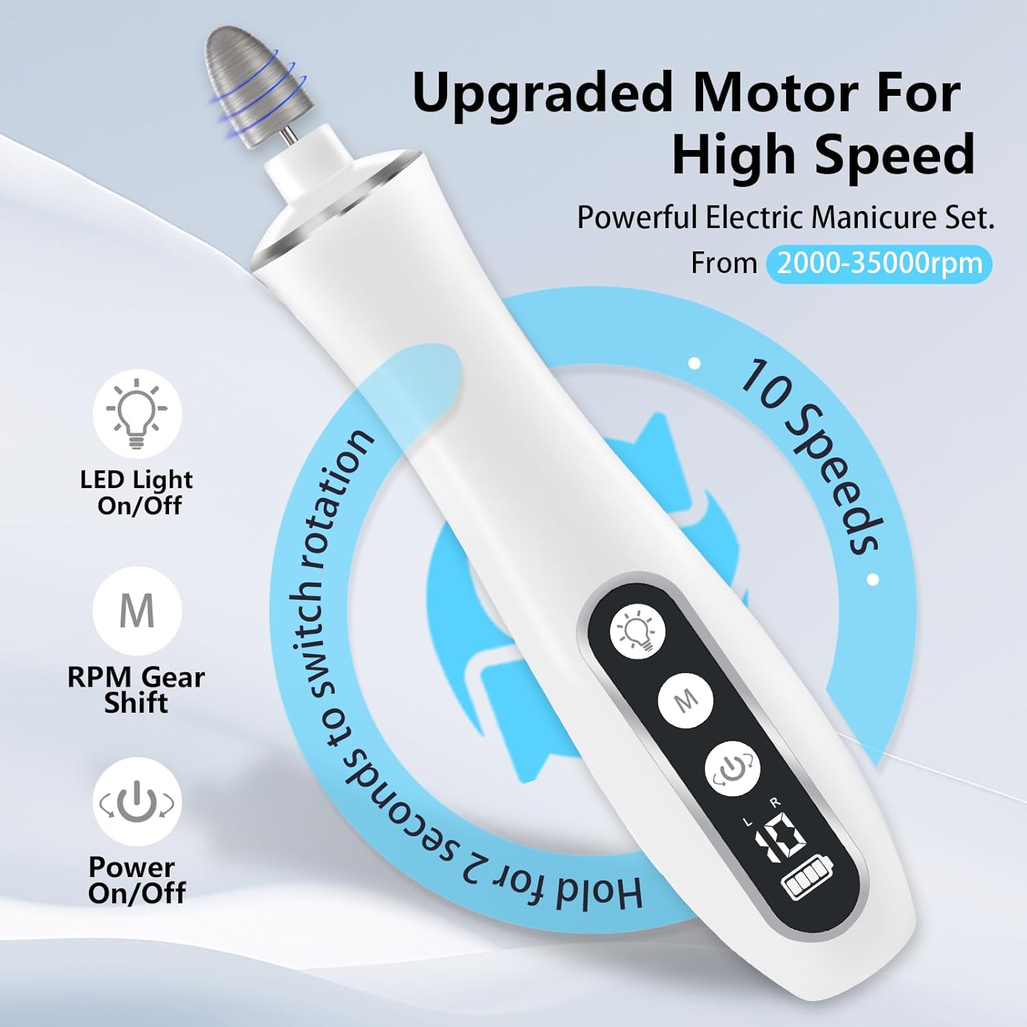 Electric Nail File Drill, Cordless 2000 Mah Rechargeable Nail Filer Electric, Portable Nail Dril 10 Speeds Professional Machine Drill for Nails Acrylic Manicure and Thick Toenails Grinder (White) image number 2