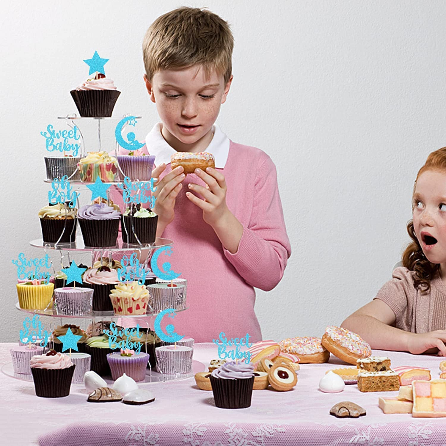 Confetti! 24 PCS Baby Shower Boy Cupcake Toppers with Moon Glitter Star Sweet Baby Boy Cupcake Picks Baby Shower Kids Boys Birthday Party Cake Decorations Supplies Blue - Sweet Baby Boy image number 1