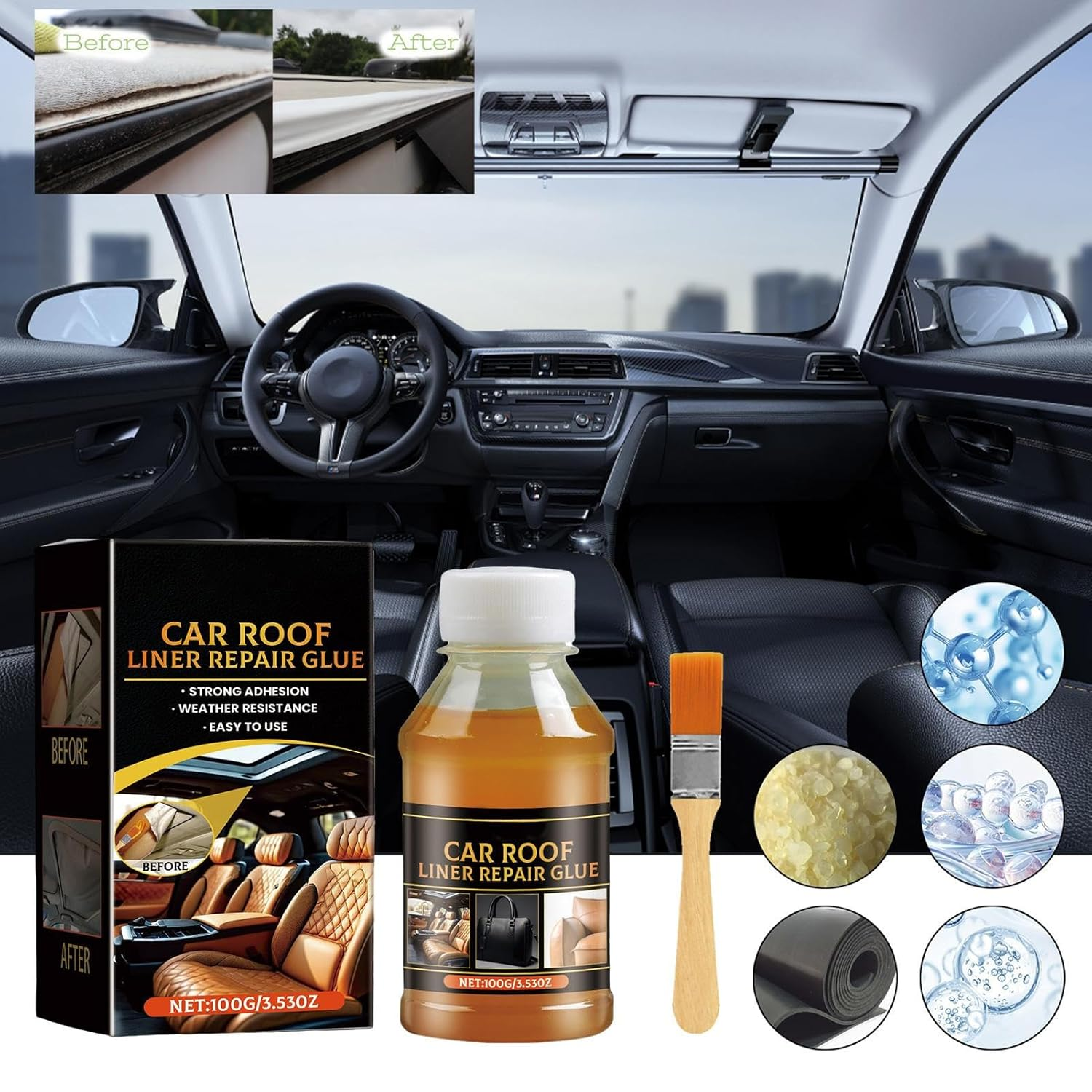 Car Roof Liner Repair Glue - 100G Car Upholstery Glue | Strong Adhesive with Brush, inside Repair for Leather Polyester Sponge Canvas