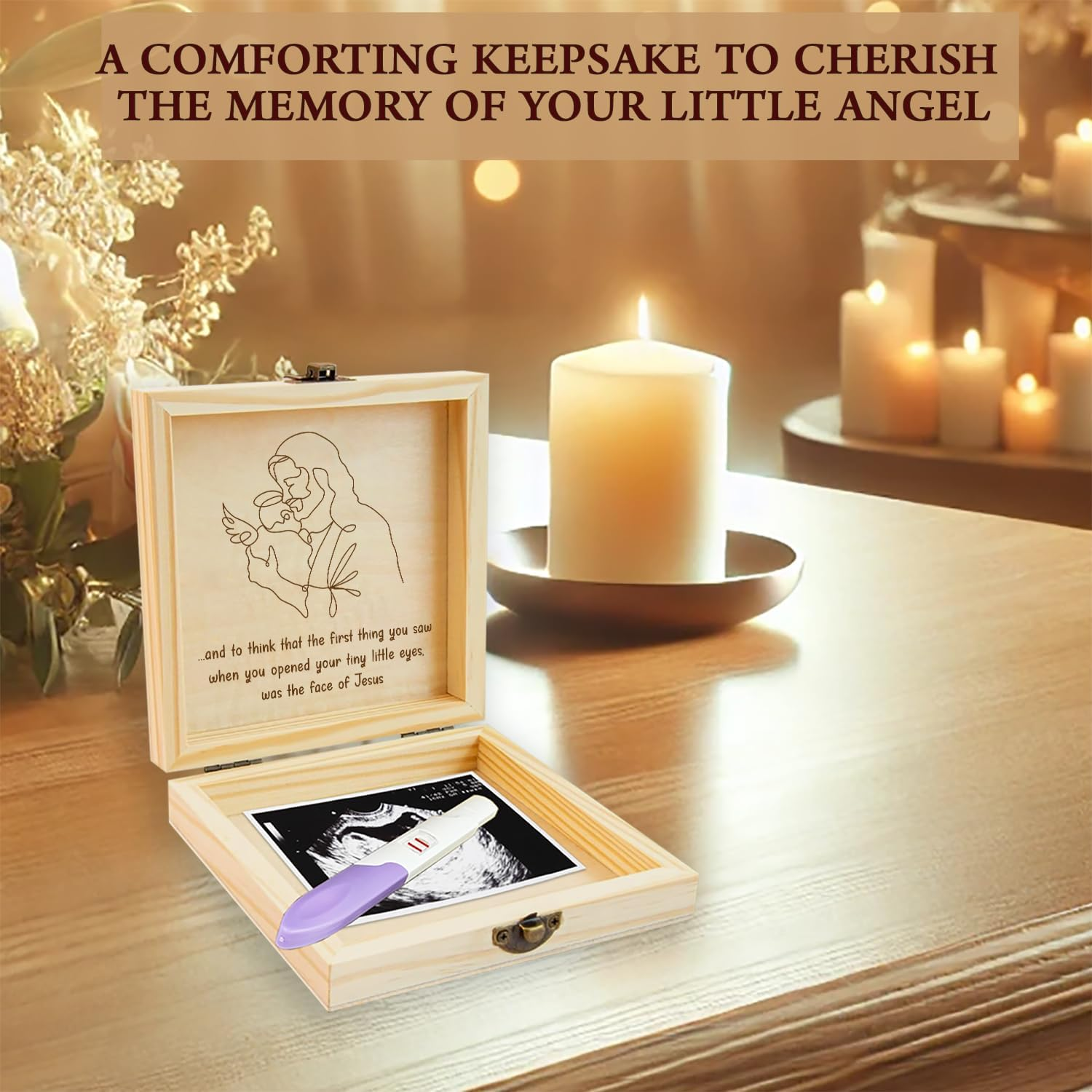 BEEGREENY Miscarriage Memory Box, Baby in Jesus' Arms Engraved Wooden Keepsake Box, a Heartfelt Sympathy Gift for Mothers Loss of Baby, Remembrance Gifts Miscarriages, Infant Loss Memorial for Moms - Sleeping Angel image number 6