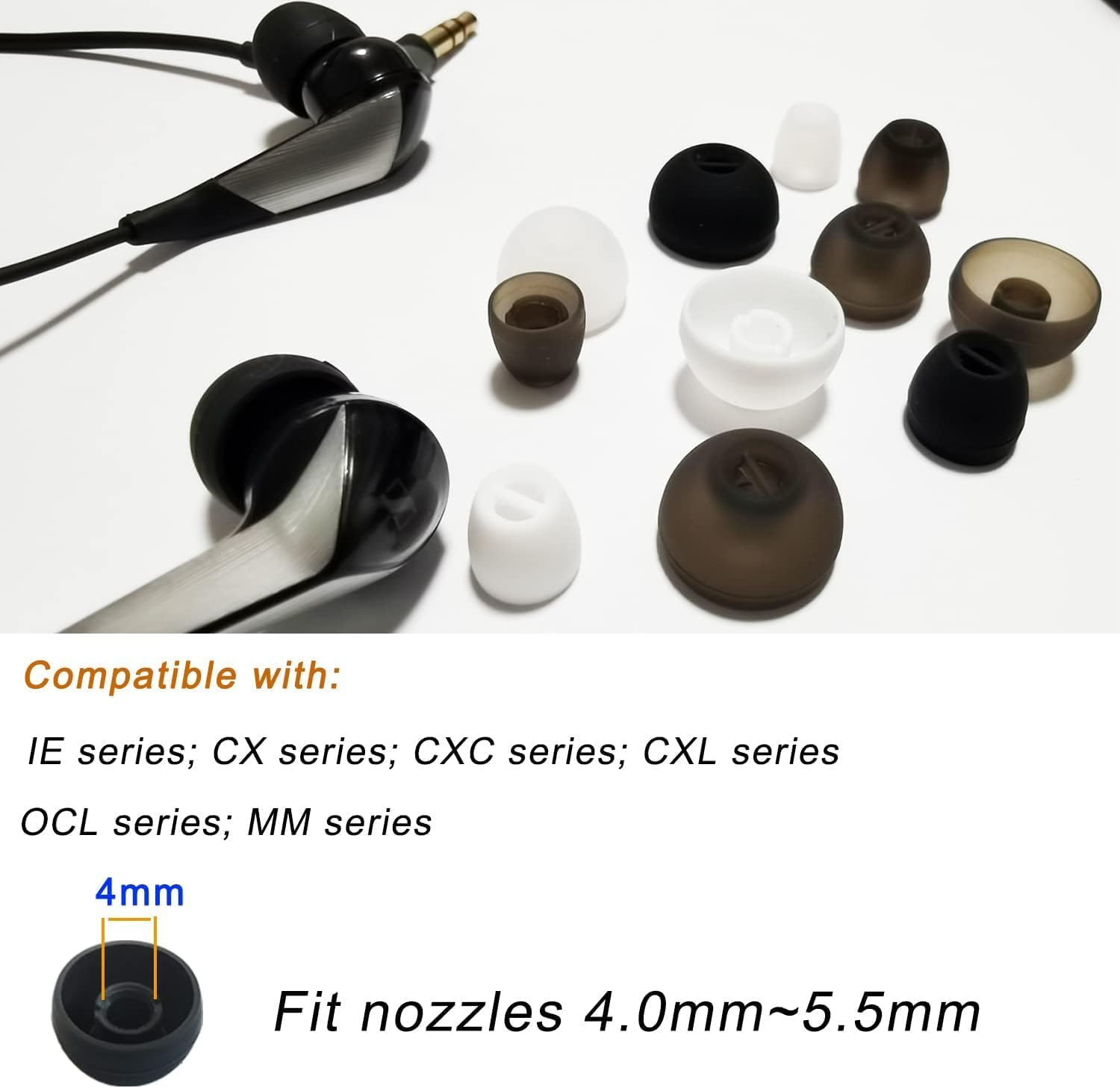 16Pcs Compatible with Sennheiser CX Plus/Momentum 2 Ear Tips, CX 3.00 CX 5.00 CX 6.00 CX 7.00 Replacement Soft Flexible Silicone Eartips Earbuds Accessories Compatible with Sennheiser CX 300S (Black) image number 3