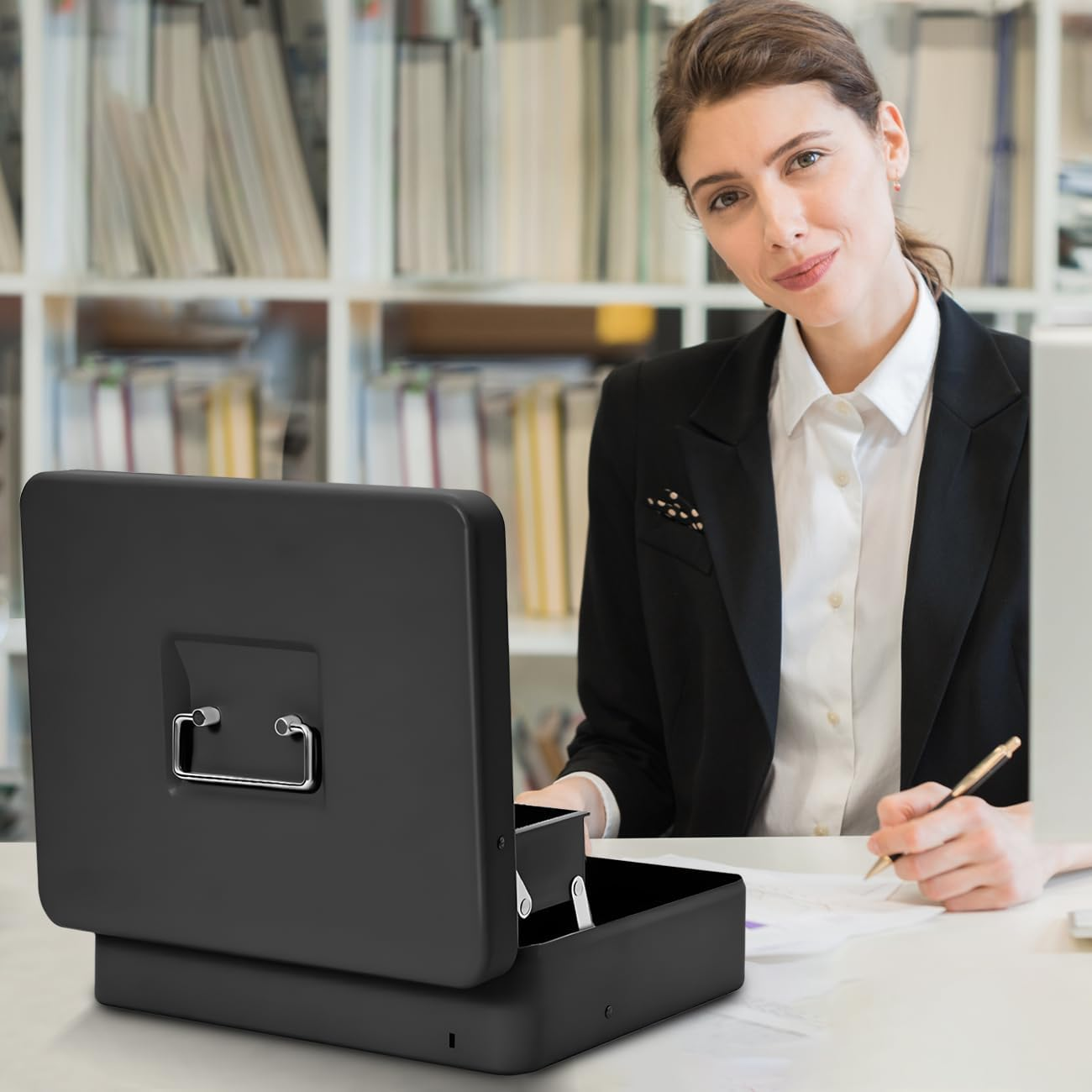 Aumerage Metal Cash Box with Security Lock & 2 Keys - 4 Bill/5 Coin Tray Storage, Large Lockable Money Box for Small Business/Home (Black) image number 1