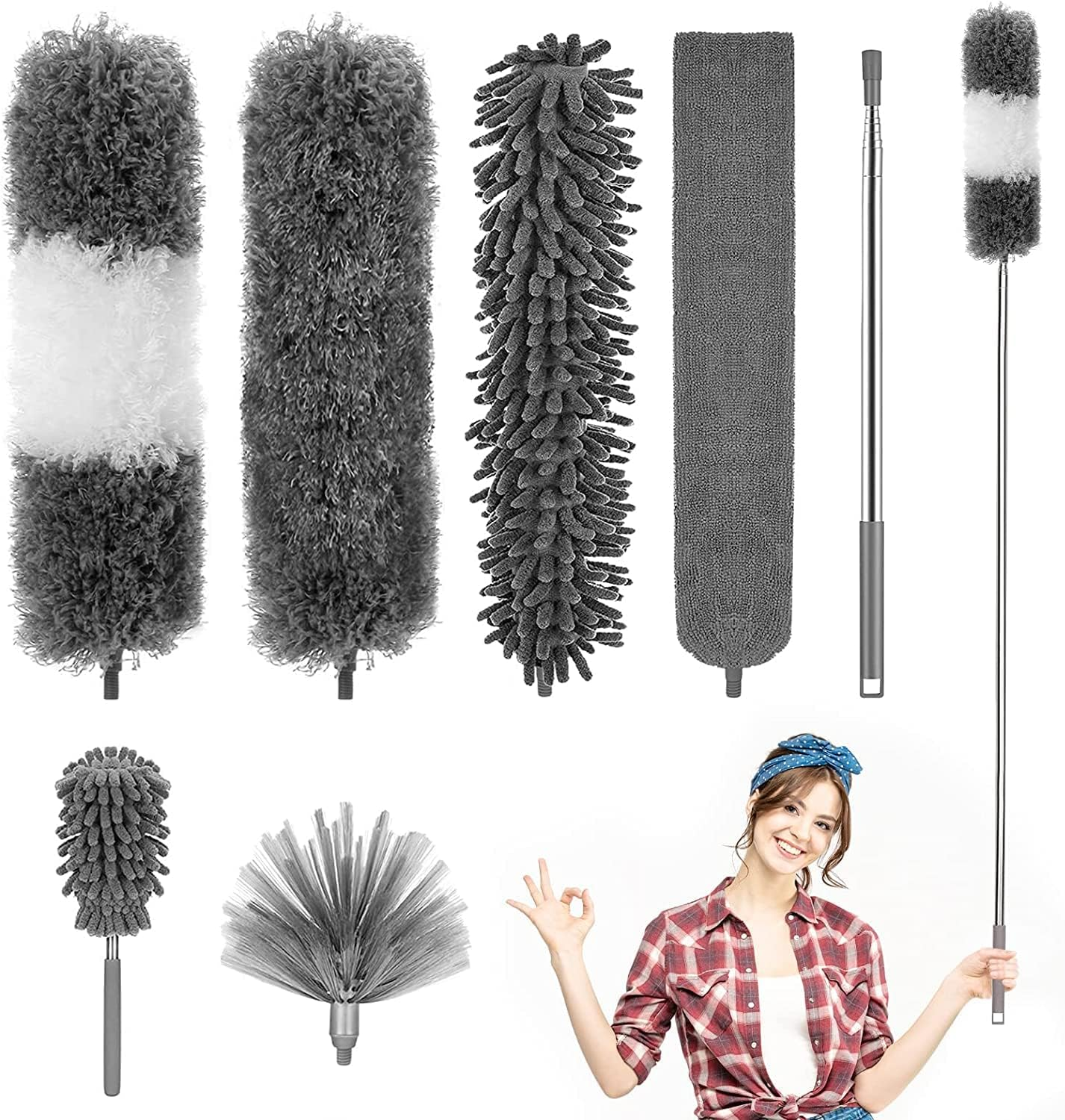 HOXHA 7 Pcs Feather Duster Set with 4 Brush Head 2.5 Meters' Extra Long Extension Pole, Bendable Extendable Duster for Cleaning High Ceiling, Ceiling Fan, Blinds, Cobwebs, Furniture, Cars image number 1