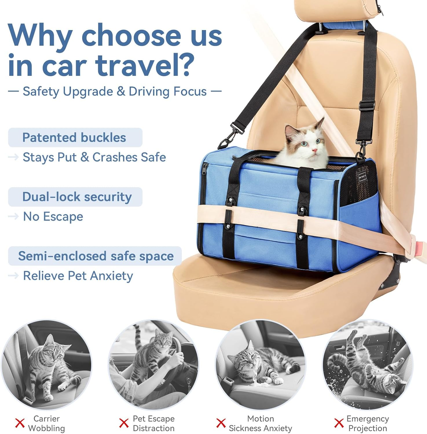 Petsfit Cat Dog Transport Box Car Cat Transport Box Dog - Foldable Carry Bag with 2 Patent Buckles for Car Seat, 4-Sided Mesh & Removable Cushion, M/Blue image number 4
