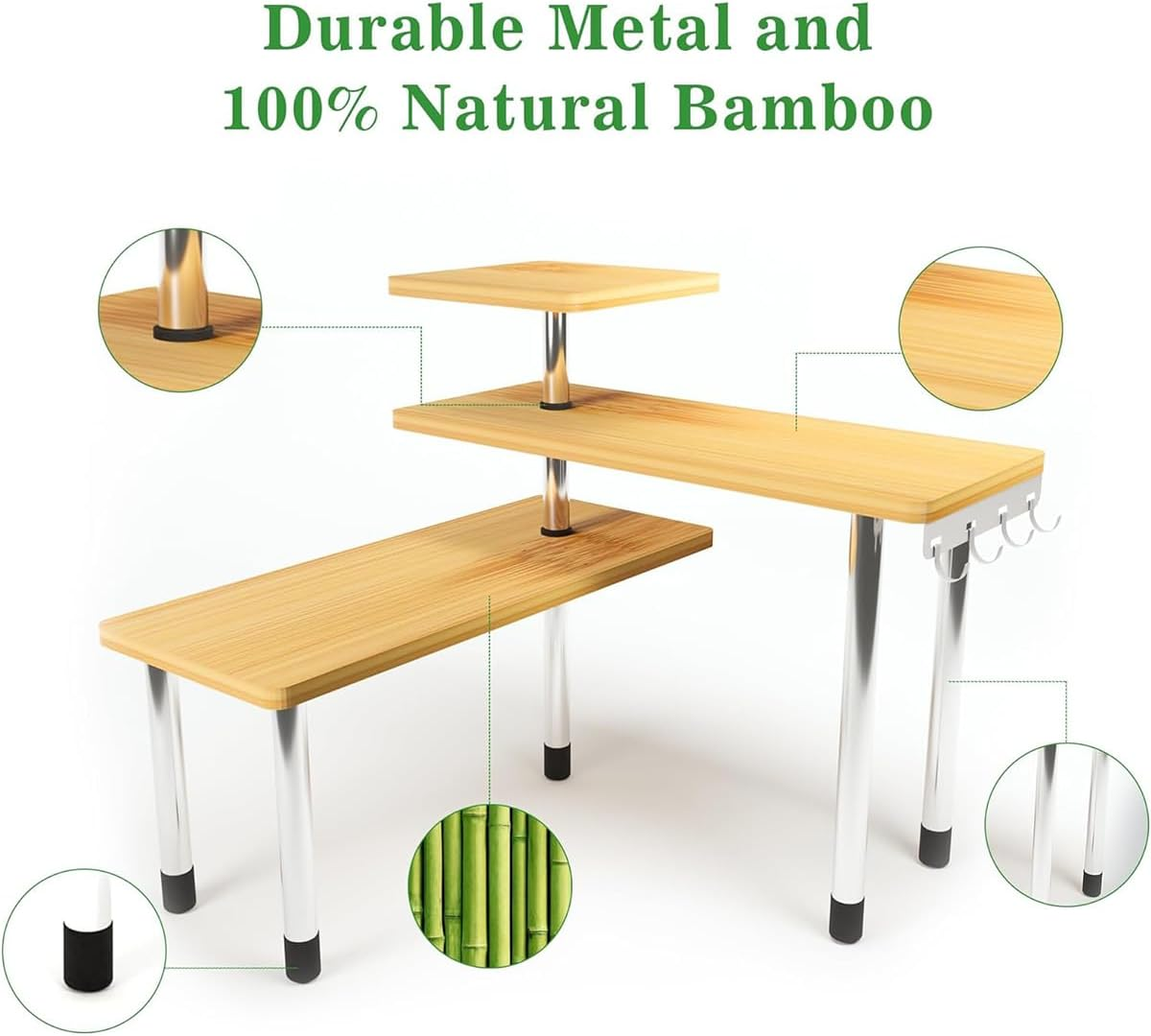 9SHOME Kitchen Corner Shelf Countertop Organiser, 3 Tier Adjustable Bamboo Spice Rack Organizer with Hooks, Wooden Counter Top Storage Rack for Kitchen, Bathroom, Living Room, Coffee Station image number 1