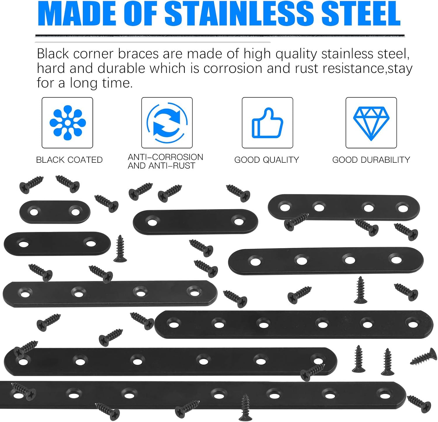 Glarks 20 Sets 50Mm Flat Straight Corner Brace Black Metal Joint Plate Connector Repair Fixing Bracket with 45Pcs Screws for Wood Furniture (50X2Mm) image number 2