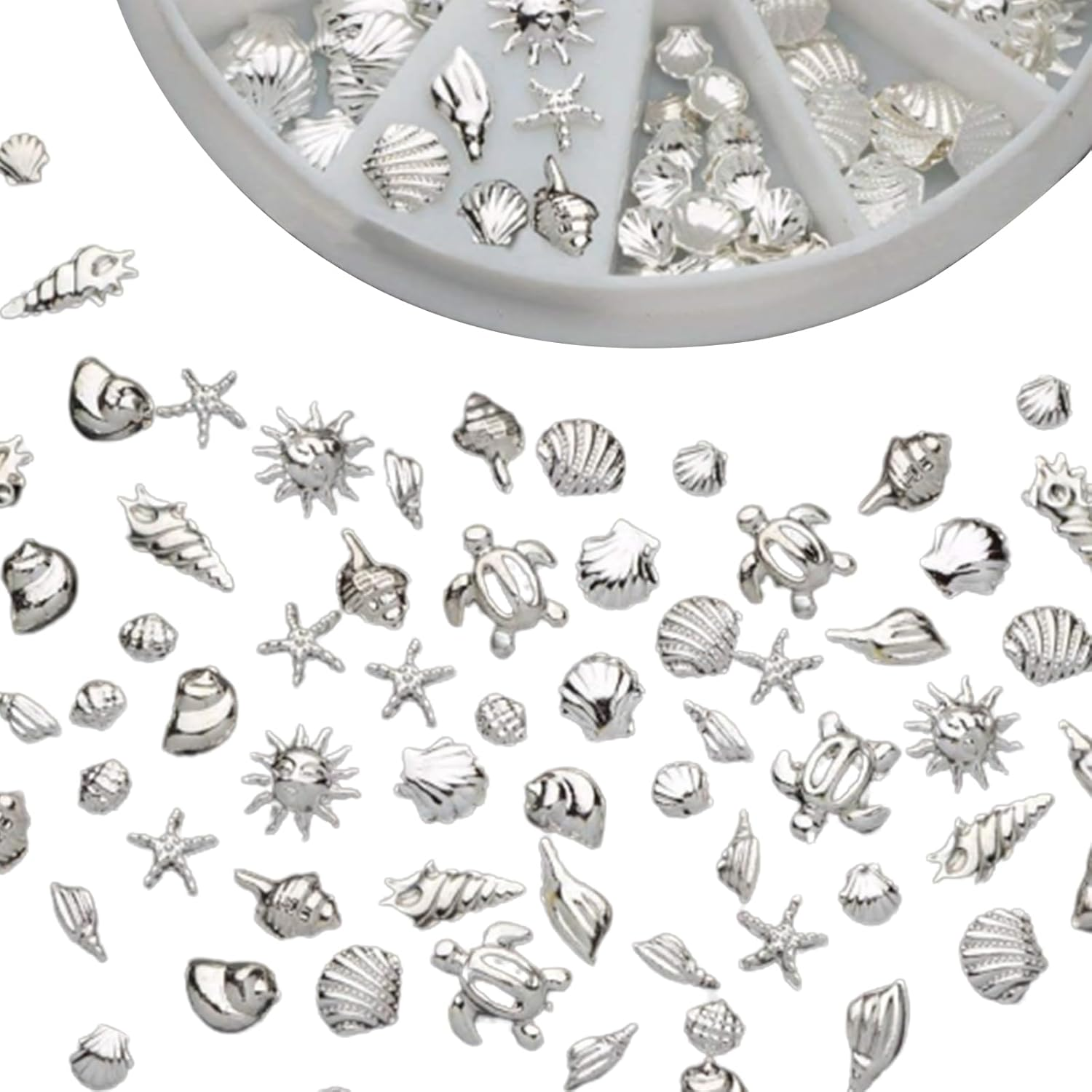 Outret 120 Pieces Nail Art Decorations,Silver Shell Conch Nail Charms Manicure Decor DIY Nail Decoration (Ocean,Silvery) image number 1