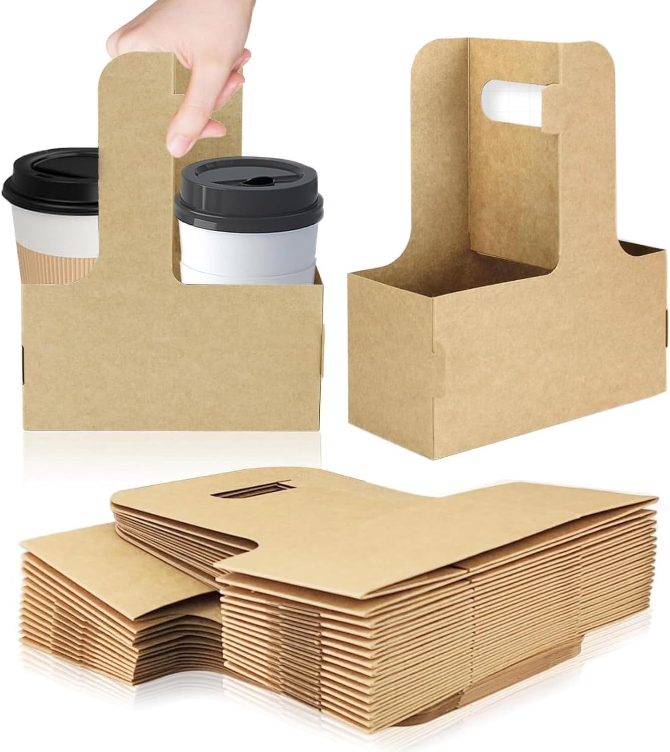 25PCS Cup Holder Set,2 Paper Cup Carrier with Handle,Cup Tray Packing Box,Paperboard,For Takeaway Hot and Cold Drinks (Brown) image number 1