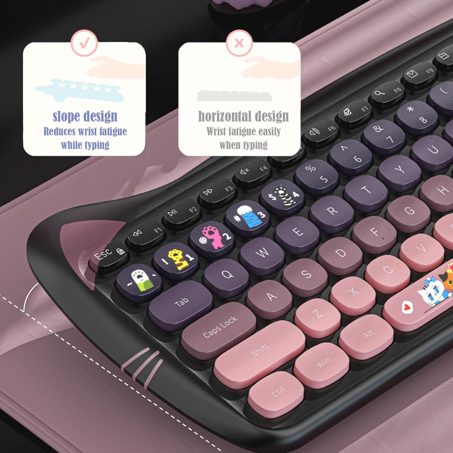 Cute Cat Keyboard and Mouse Combo Wireless, Kawaii Keyboard and Mouse for Girls and Kids, Soundless Colorful Keys, Compatible with Notebook, PC (Blackpink-110Keys) - Green-110Keys image number 7