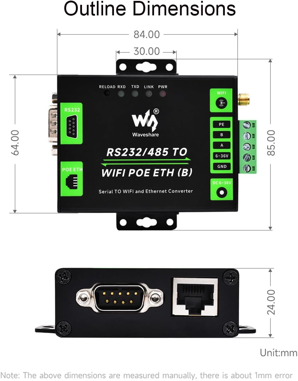 Waveshare RS232/485 to Wifi and Ethernet Serial Server Converter with POE Function, Modbus Gateway, MQTT Gateway, Serial Port to HTTPD Client Functions, DC 6~36V / Poe Port Power Supply
