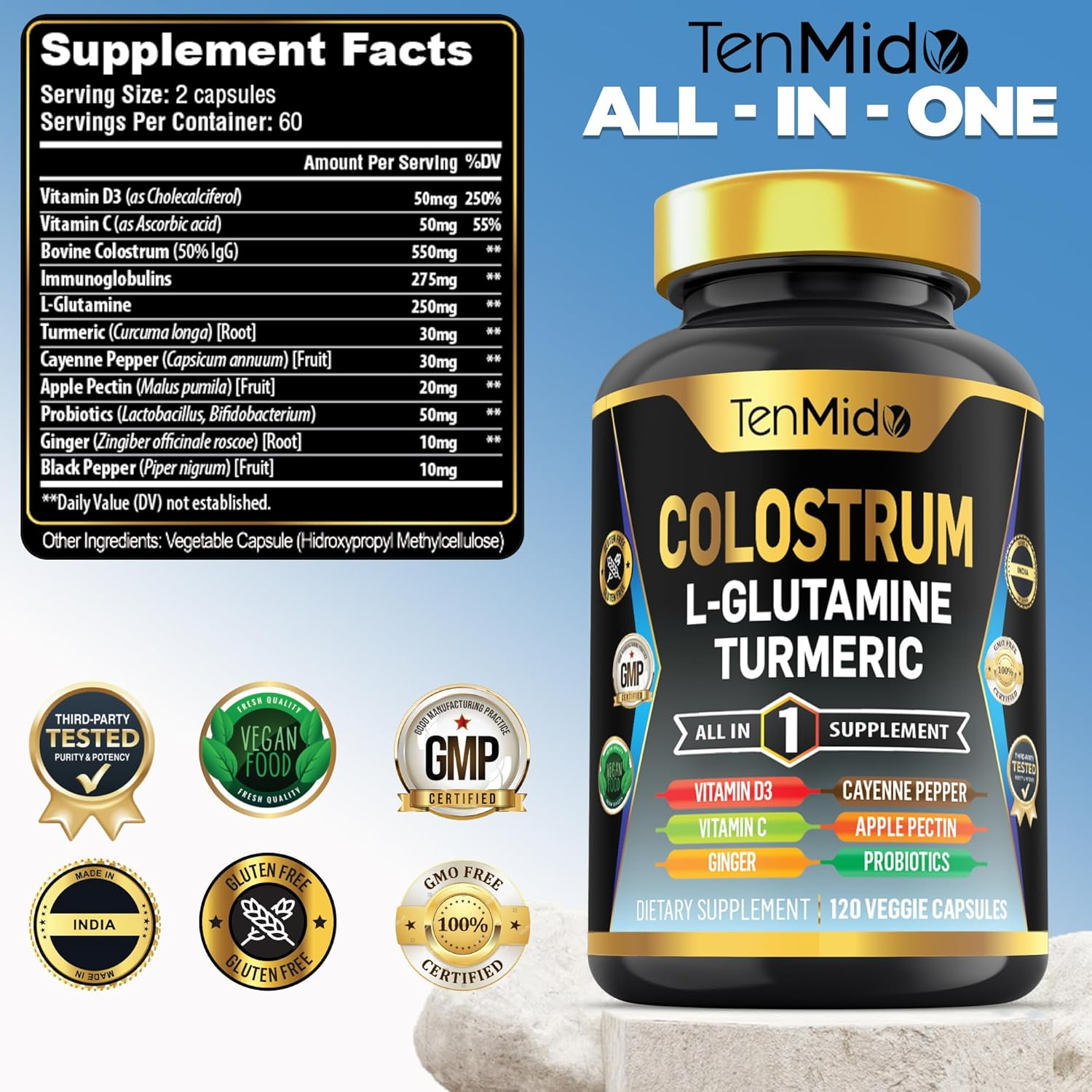 Colostrum Supplement - 10In1 Formula - Combine with L- Glutamine, Turmeric, Cayenne Pepper, Apple Pectin, Probiotics, Ginger, and More - Digestive Health, Immune Support - 120 Capsules image number 4