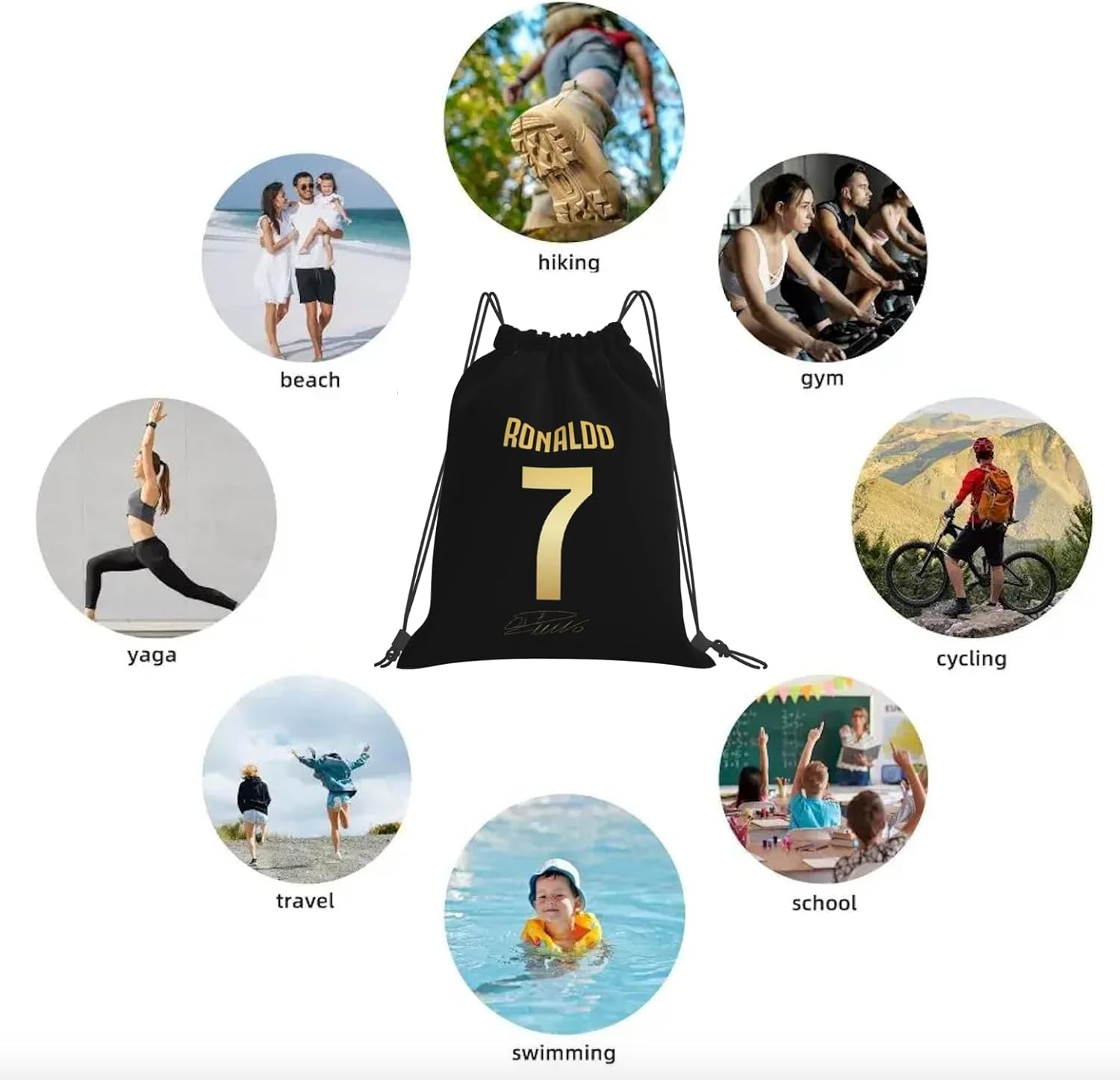 EZB Football Legend Ronaldo Number 7 Drawstring Bag | 36X30Cm Midi Sized Backpack | Multi-Use: Sports Kits, PE Kits, Gym, Lunch, Holiday, Beach, Soccer Pump Bag | Ronaldo 7 Bag, Multicoloured, 36X30Cm image number 3