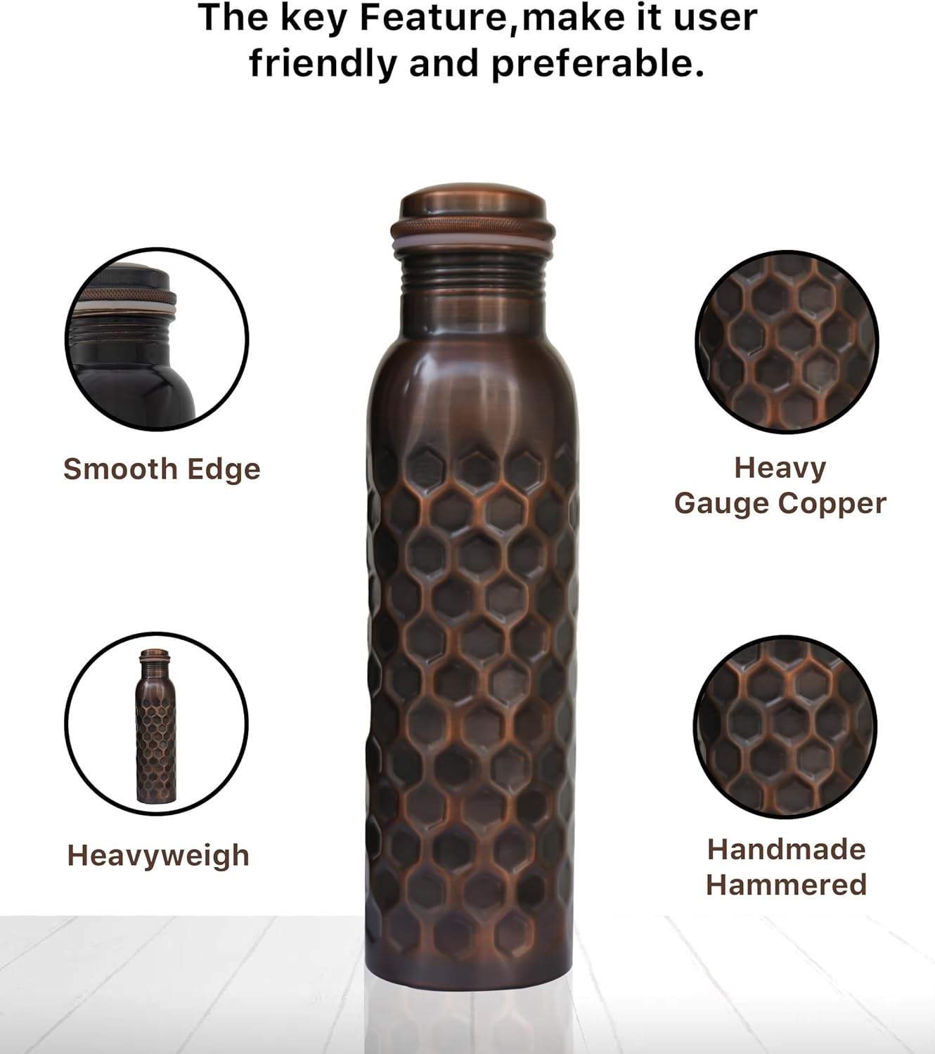 HYGGE 34 Oz Pure Copper Water Bottle &ndash; Ayurvedic Copper Vessel &ndash; Leak-Proof, Antique Hammered Design &ndash; Promote Health & Hydration &ndash; Eco-Friendly Drinkware image number 4