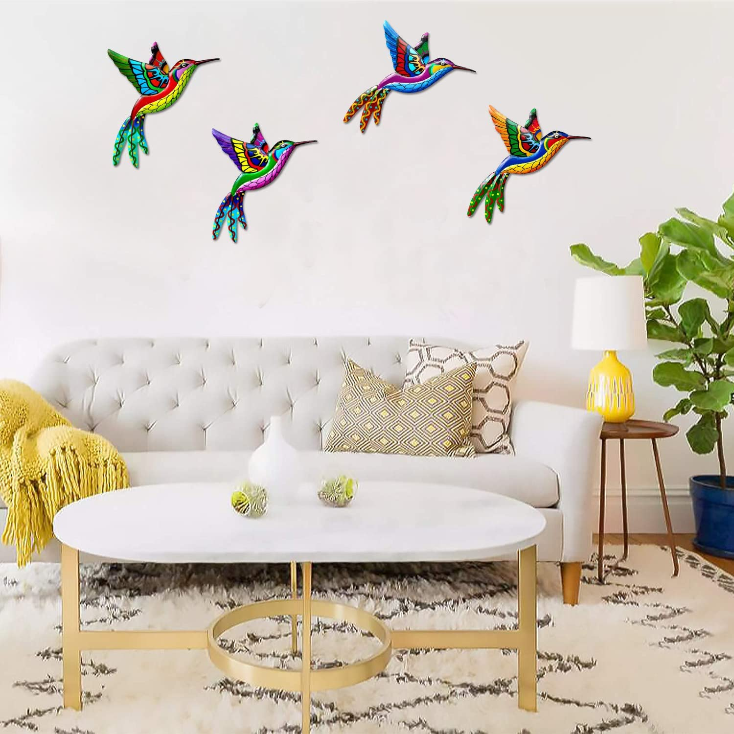 Tsilin 4 Pcs Metal Hummingbird Wall Decor Art, Colorful Birds Sculpture Hanging Garden Metal Hummingbird Statues for Indoor Outdoor Backyard Living Room Bedroom Porch Patio Fence Decor image number 4