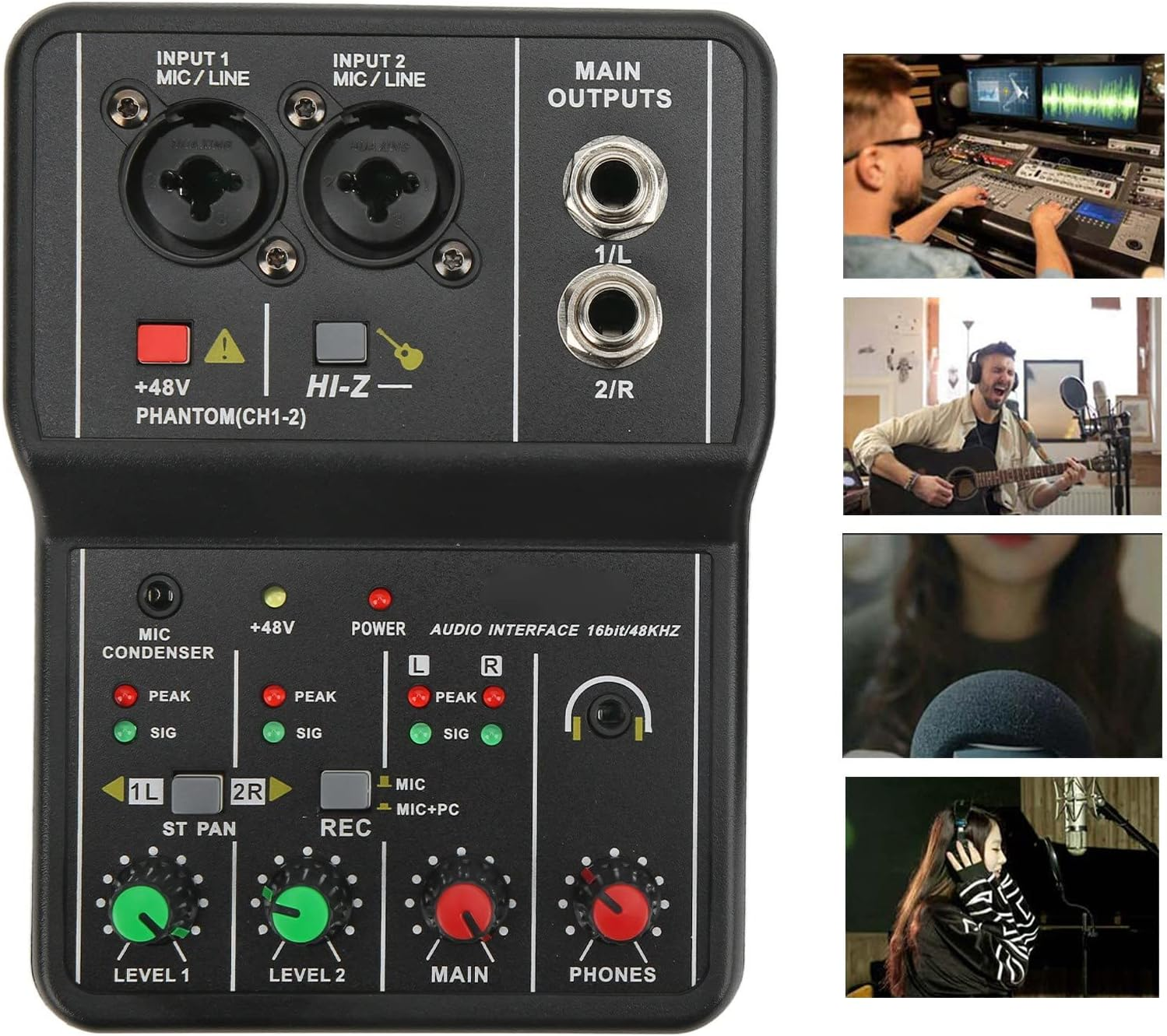 2 Channels Audio Mixer, Sound Card USB 48V Phantom Power Compact Sound Mixing Console, USB Soundcard for PC Recording for Music Recording Home Karaoke Internet Karaoke