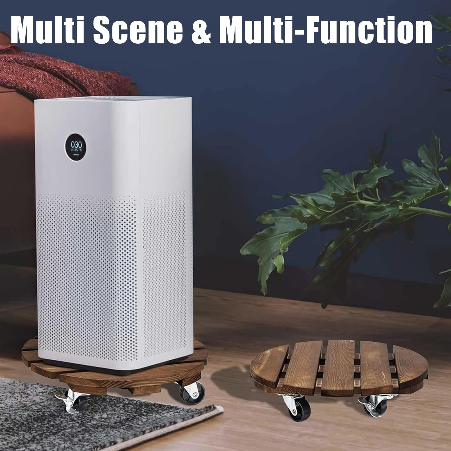 WEZCHUGHAOL 2-Pack Wood Plant Caddy with 360&deg; Lockable Wheels, Rolling Plant Stand for Indoor Outdoor Flower & Succulent Pots, round Pot Caster Tray 30X30X8Cm image number 3