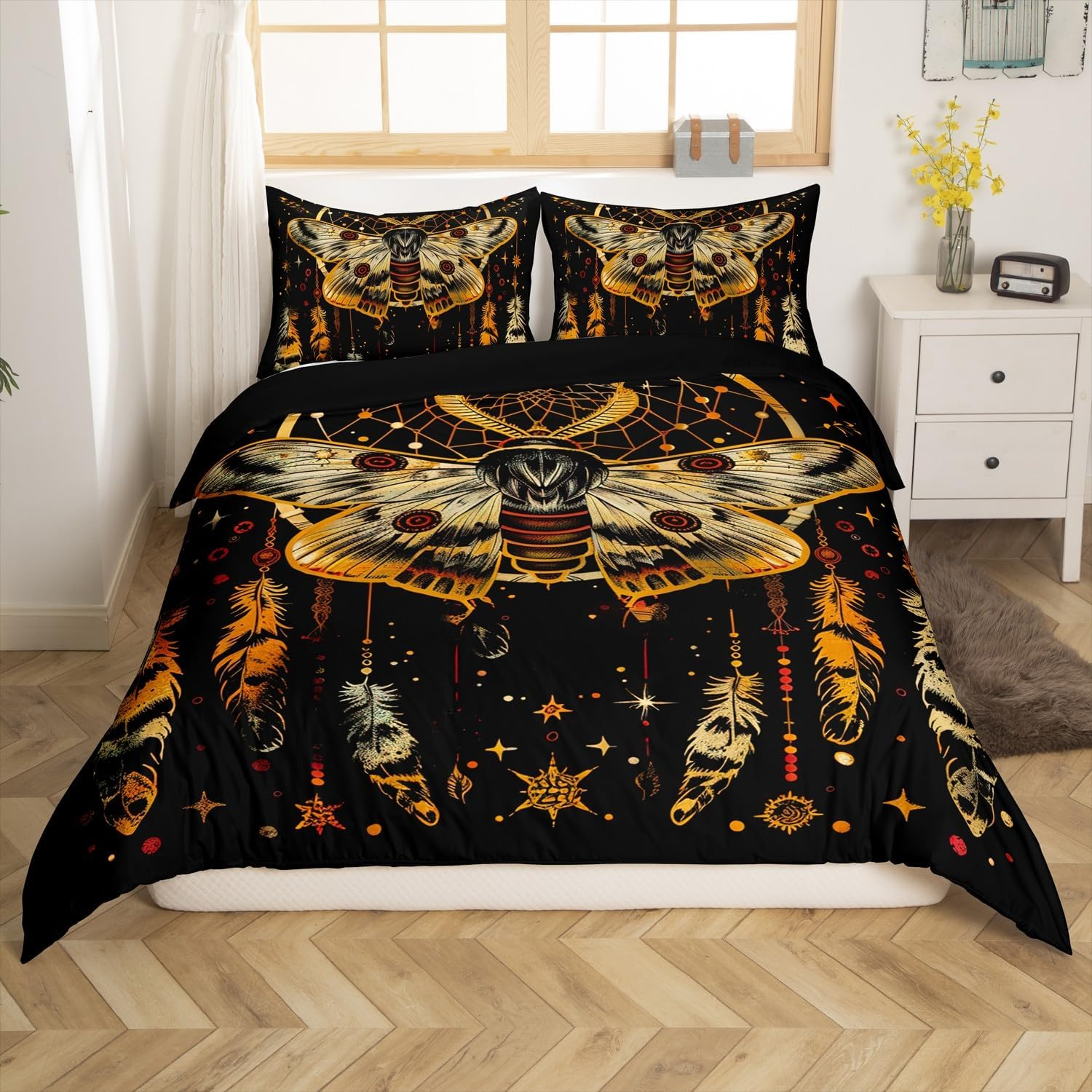 Death Psychedelic Moth Duvet Cover Single Size,Star Moon Comforter Cover for Adults Kids Bedroom Decor,Dream Catcher Feathers Exotic Charm Decorative Bedding Set(No Comforter),1 Pillowcase image number 4