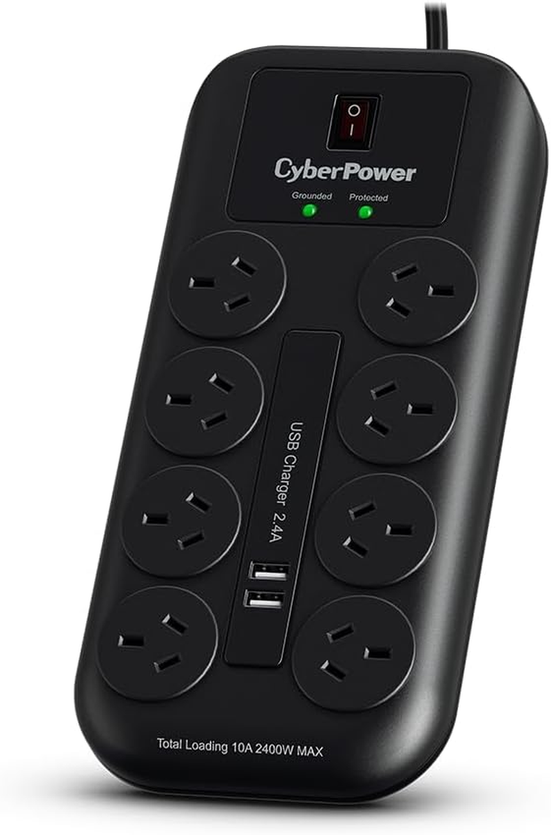 Cyberpower 8 Outlet Power Board with 2 USB Charge Port, Surge and Overload Protection, EMI and RFI Filtration, 2M Cable, On/Off Switch and LED Indicator, 2M Lead for Home and Home Office
