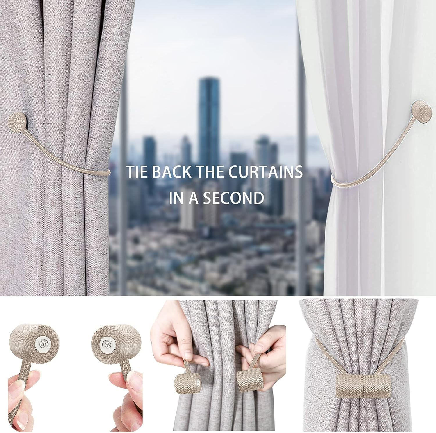 4Pcs Strong Magnetic Curtain Tiebacks Outdoor Elegant Decorative Tie Backs Modern Rope Tiebacks for Drapes Strong Magnet Curtain Holdbacks (Brown) image number 1