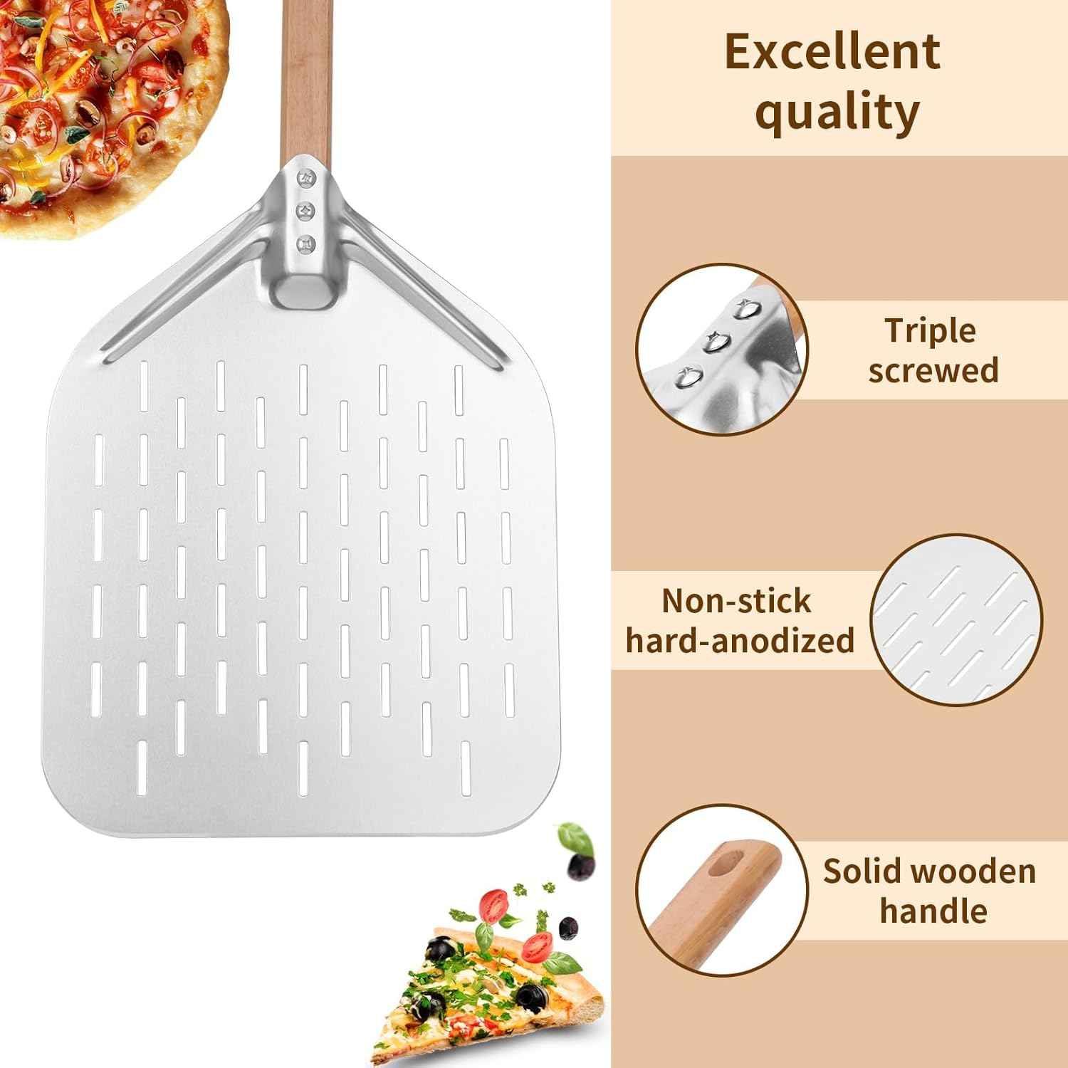 HOUSLUX Pizza Peel 40 * 30Cm 12 Inch Pizza Paddle with Large Surface and Removable Handle Pizza Peel (Wooden)