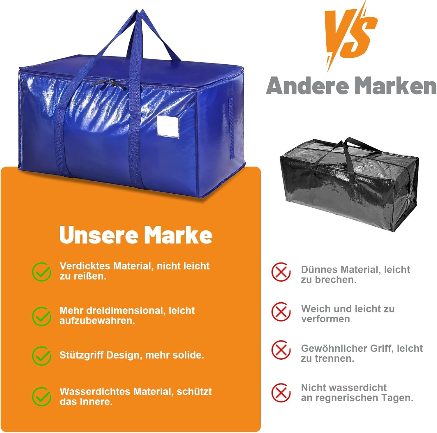 Pack of 6 90L Large Storage Bags with Lid, Foldable Moving Boxes Large with Zip Handle, Clothes Storage, Moving Bags for Moving, Camping, Bed Linen, Clothing Storage, Blue image number 2