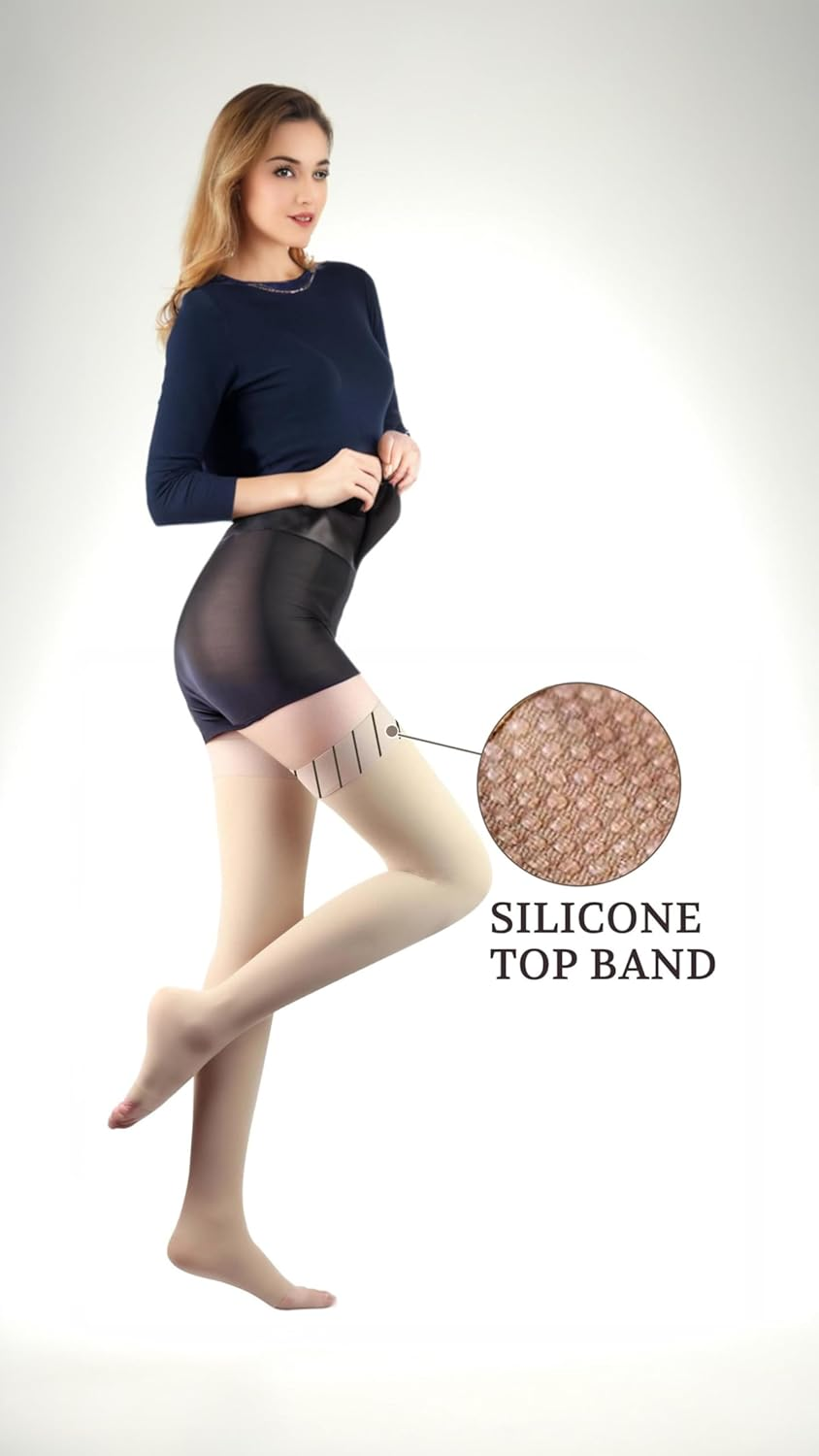 Thigh High Compression Stockings for Varicose Vein Relief and Comfort - Open Toe Design for Swollen Legs, Travel, Flight, and Pregnancy Support - Beige, Size Medium