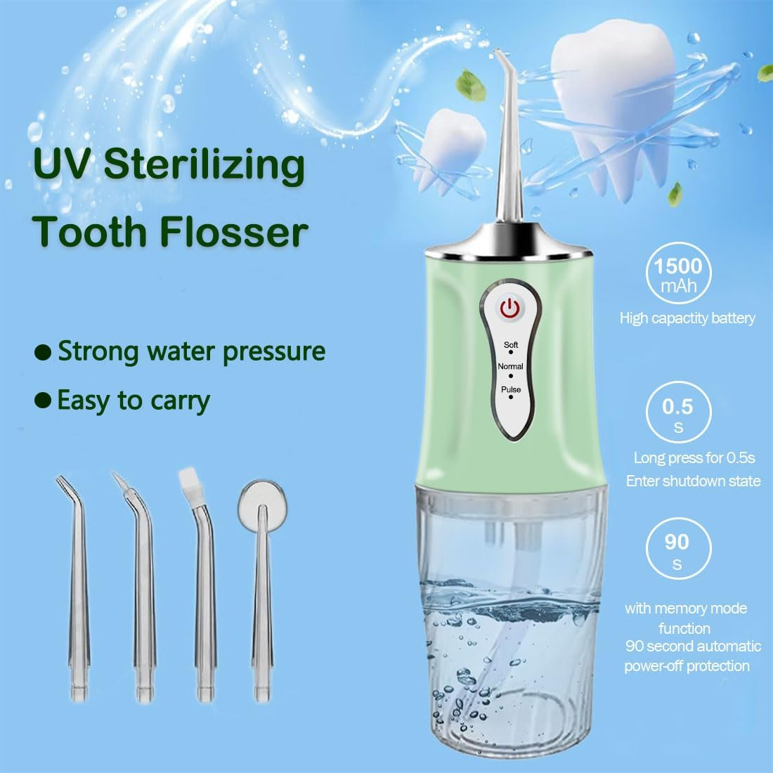 Water Flosser,Cordless Water Dental Cleaner Choice of 4 Tips, IPX7 Waterproof Rechargeable Portable Powerful Battery Water Flosser for Travel and Home Braces and Bridge Care (Green) image number 2