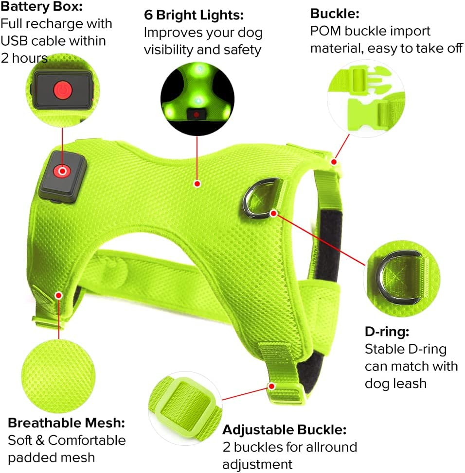 Flashseen LED Dog Harness, Lighted up USB Rechargeable Pet Harness, Illuminated Reflective Glowing Dog Vest Adjustable Soft Padded No-Pull Suit for Small, Medium, Large Dogs (Green, M) image number 4