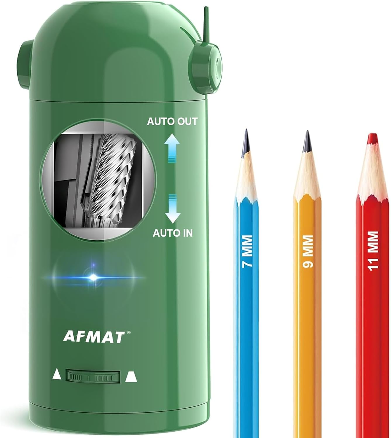 AFMAT Electric Pencil Sharpener, Fully Automatic Rechargeable Pencil Sharpener for 7-11.5Mm Pencils, Auto in & Out, Hands-Free Robot Pencil Sharpener for Home, Classroom, Battery Operated, Green - Blue image number 5
