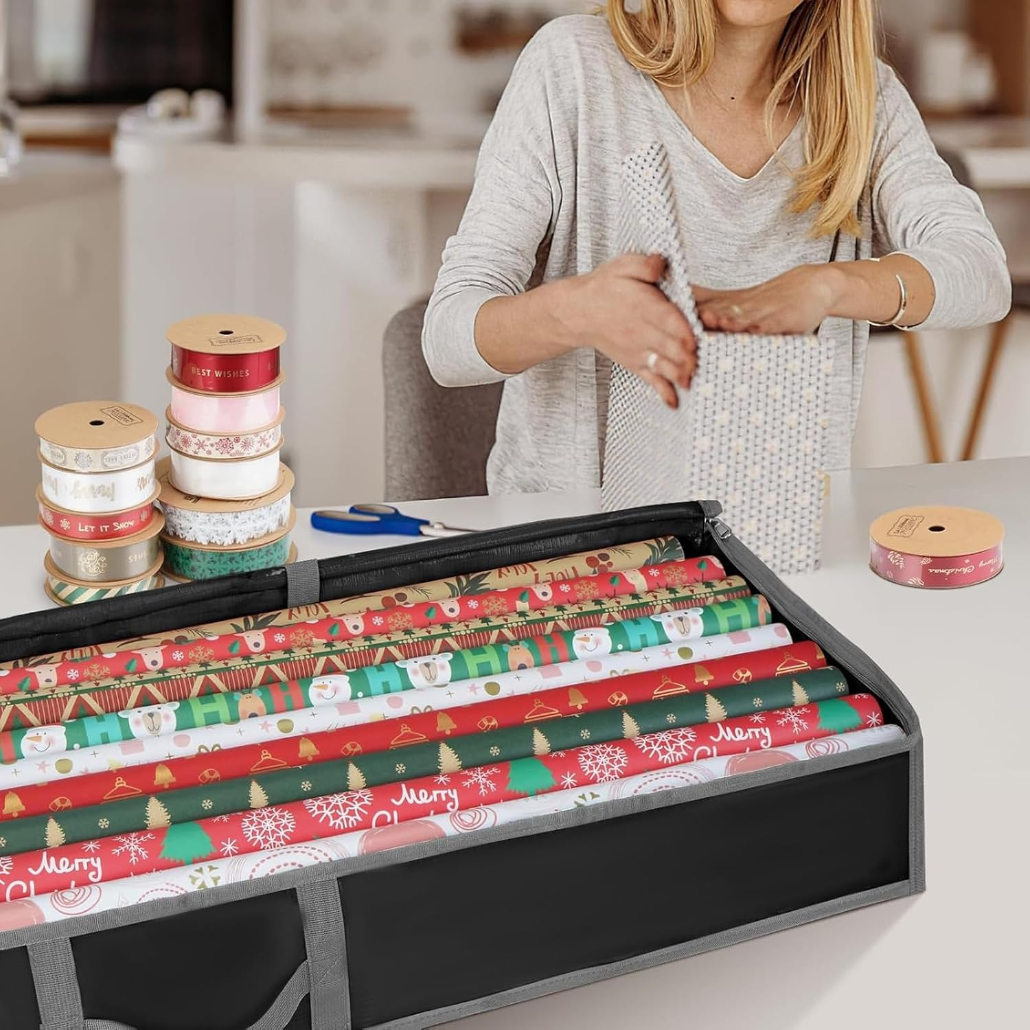 Wrapping Paper Storage Box, 104&times;36&times;16Cm Large Capacity Christmas Wrapping Paper Organizer Containers with Zipper Pockets, Foldable Gift Wrap Storage for Holiday Decorations (Black with Gray Trim) image number 2