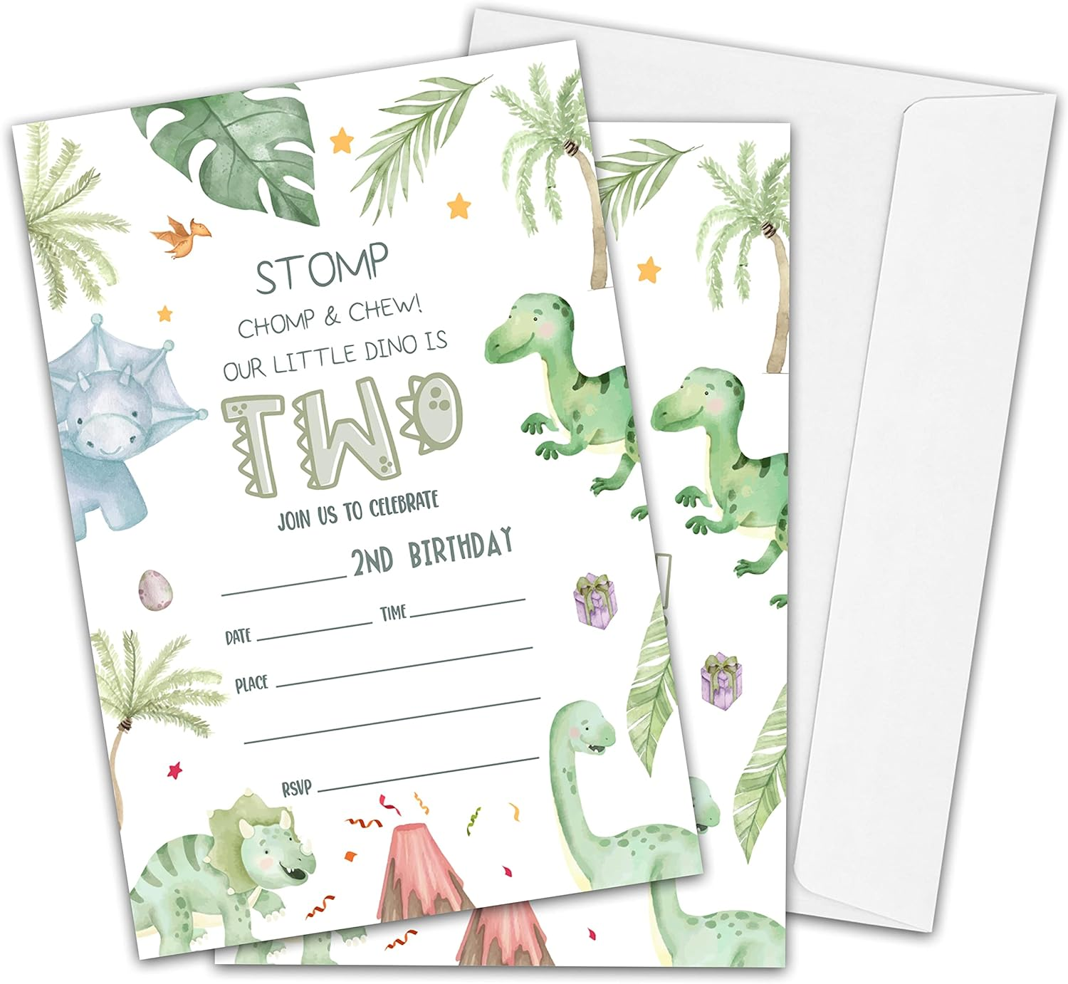 2Nd Birthday Party Invitations for Boys or Girls, Dinosaur Theme Birthday Parties Supplies Decorations, Tropical Dino Theme Fill-In Invites, 4" X 6" Double-Sided Cards(20 Invitations and Envelopes)-C09