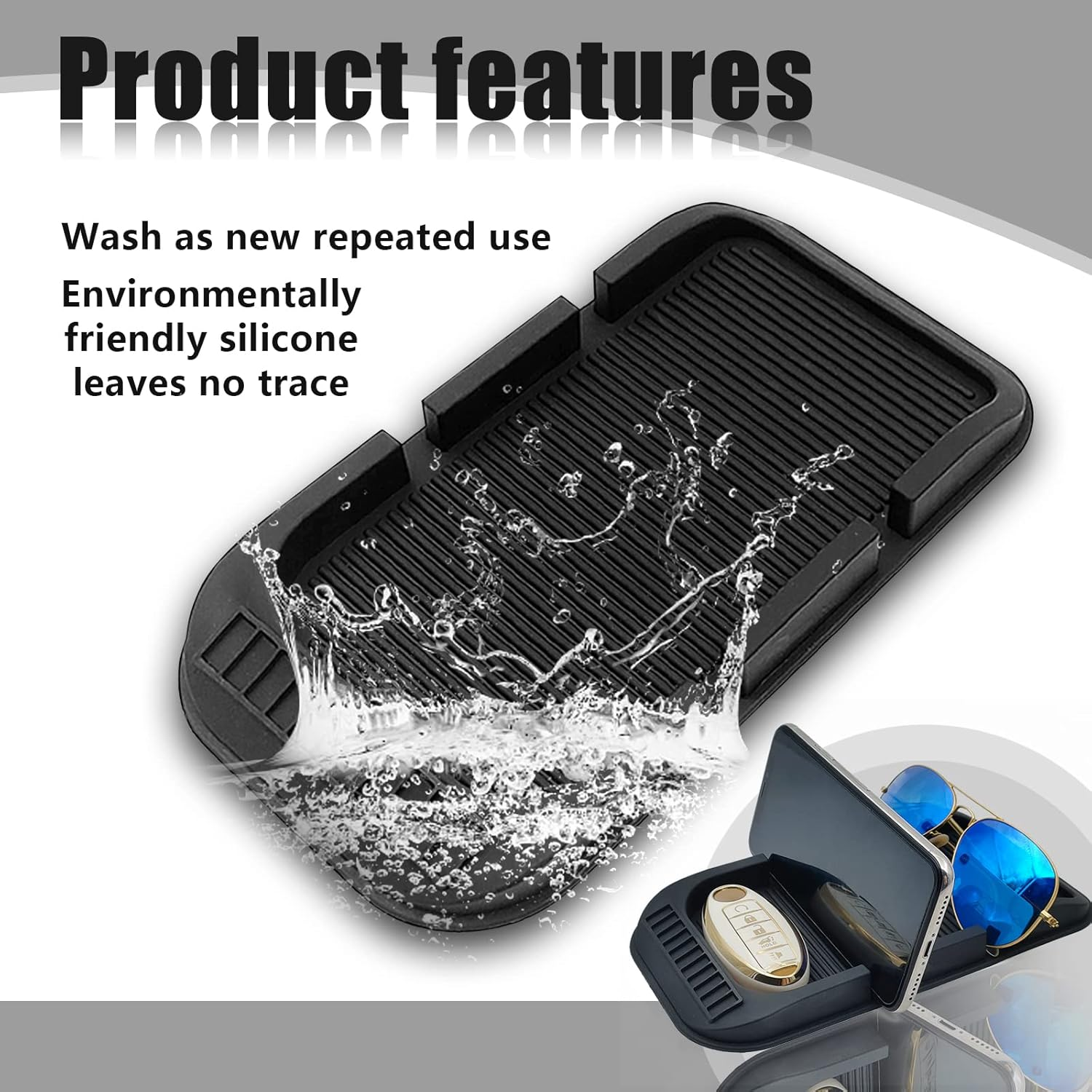 Car Dashboard Cell Phone Holder, Anti-Slip Pad Double-Groove with Number Plate Auto Silicon Tray, Silicone Car Pad Mat for Various Dashboards,Phone GPS Keychains Sunglasses Mat image number 6