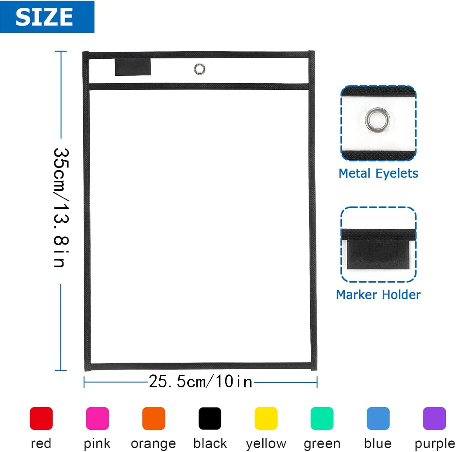8 Pack Dry Erase Pockets Sleeves with Rings, 10 X 14 Inch Ticket Holders Clear Plastic Sleeves Sheet Protectors for Teacher Classroom Sleeves, 8 Assorted Colors image number 2